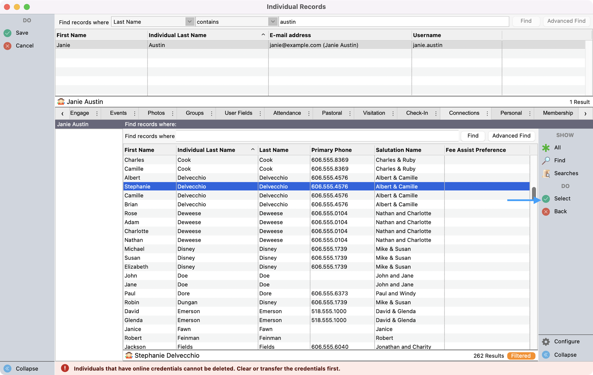 Picture of a highlighted record with an arrow pointing to Select in the right sidebar.