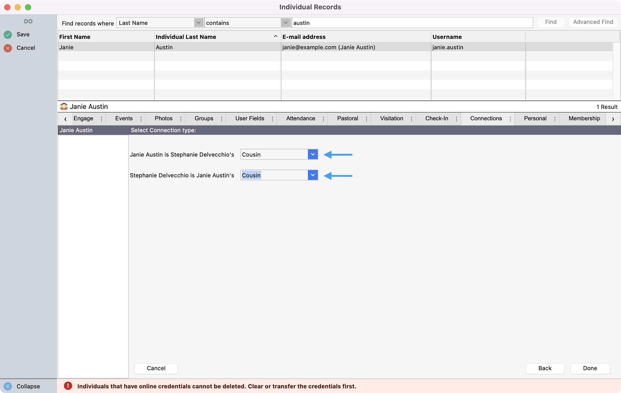 Picture with arrows highlighting the drop-down fields to create a connection.