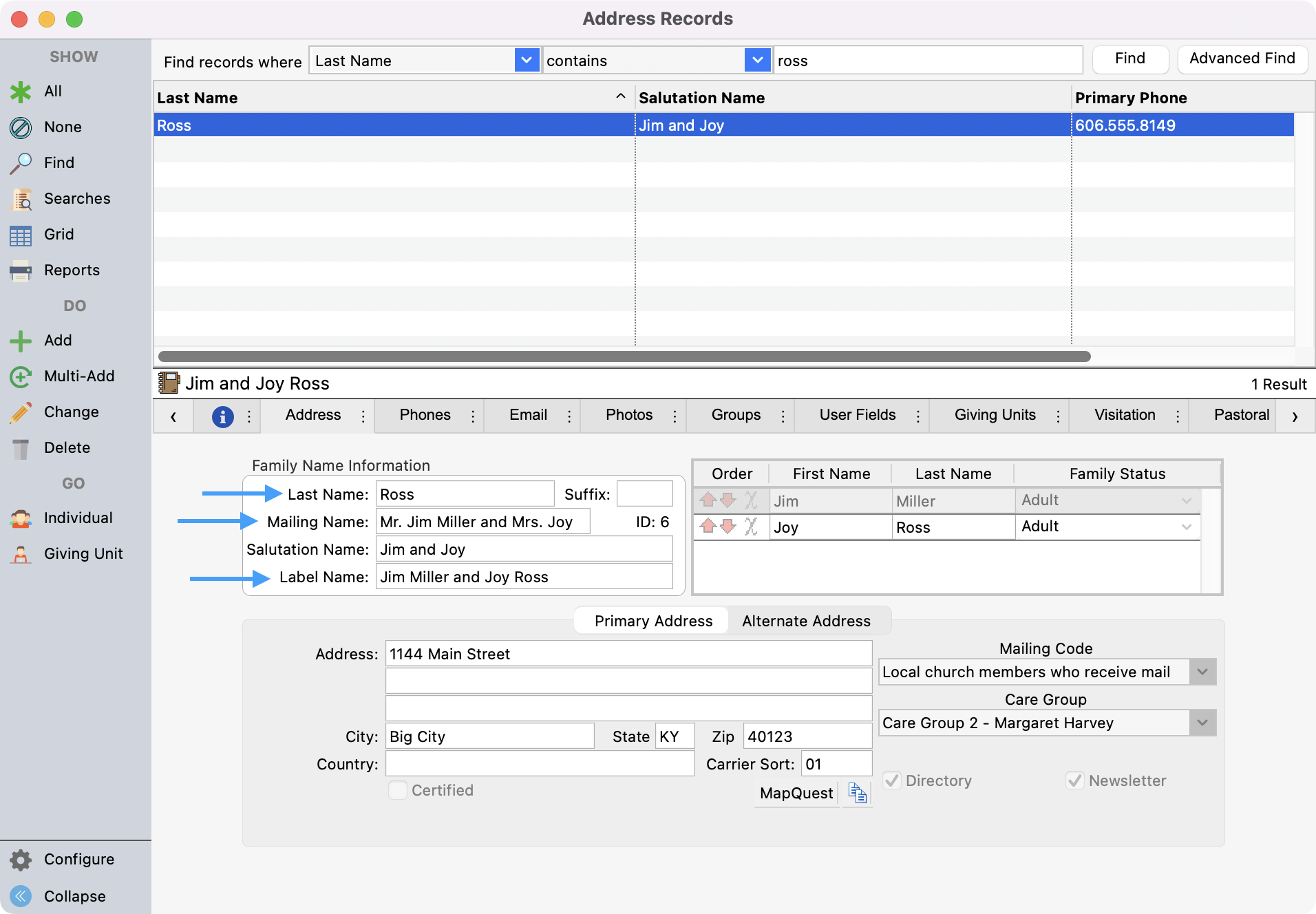 Address Record window with arrows pointing to the Last Name, Mailing Name, and Label Name fields.