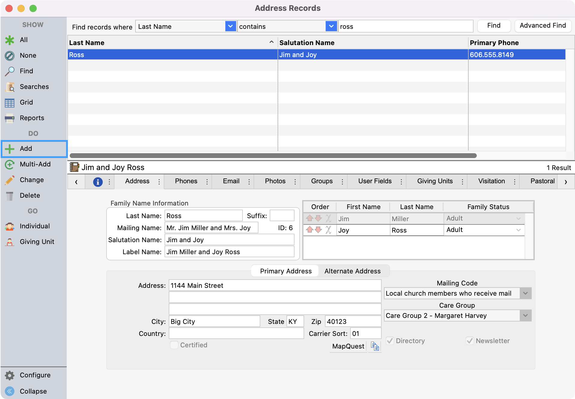 Address record window with the Add button highlighted.