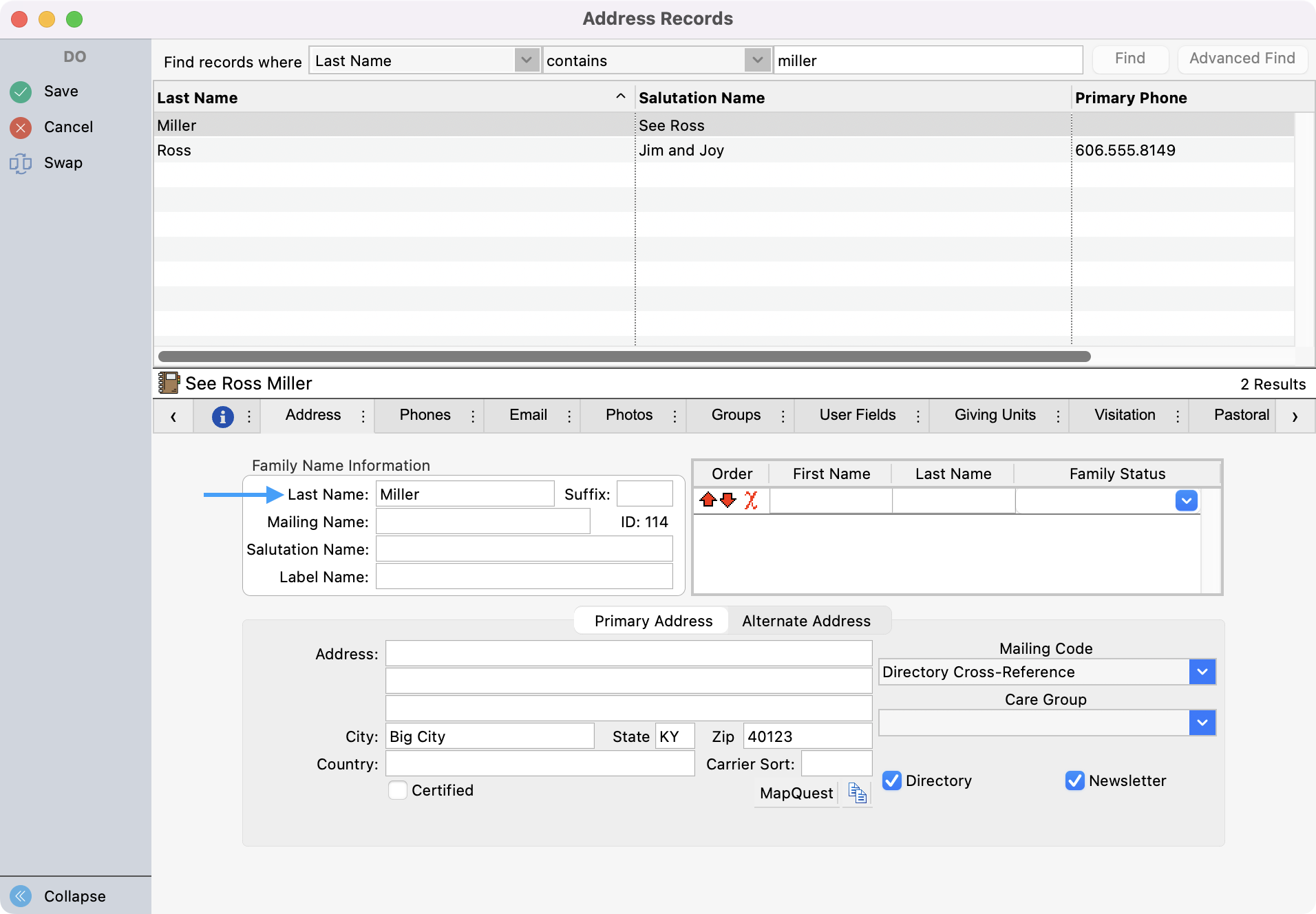 Address record window with arrow pointing to the last name field.