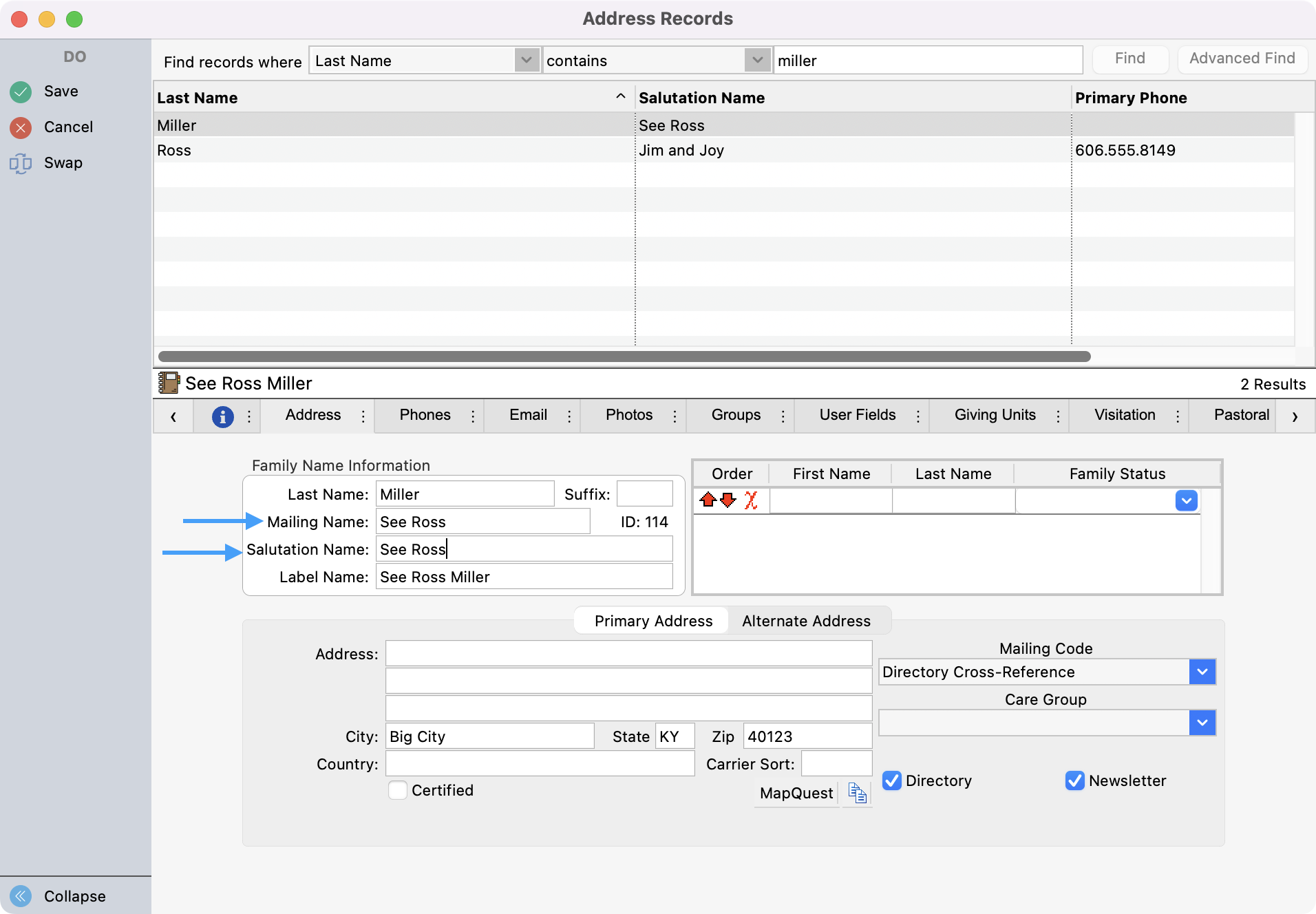 Address Record Window with arrows pointing to the Mailing and Salutation Name fields