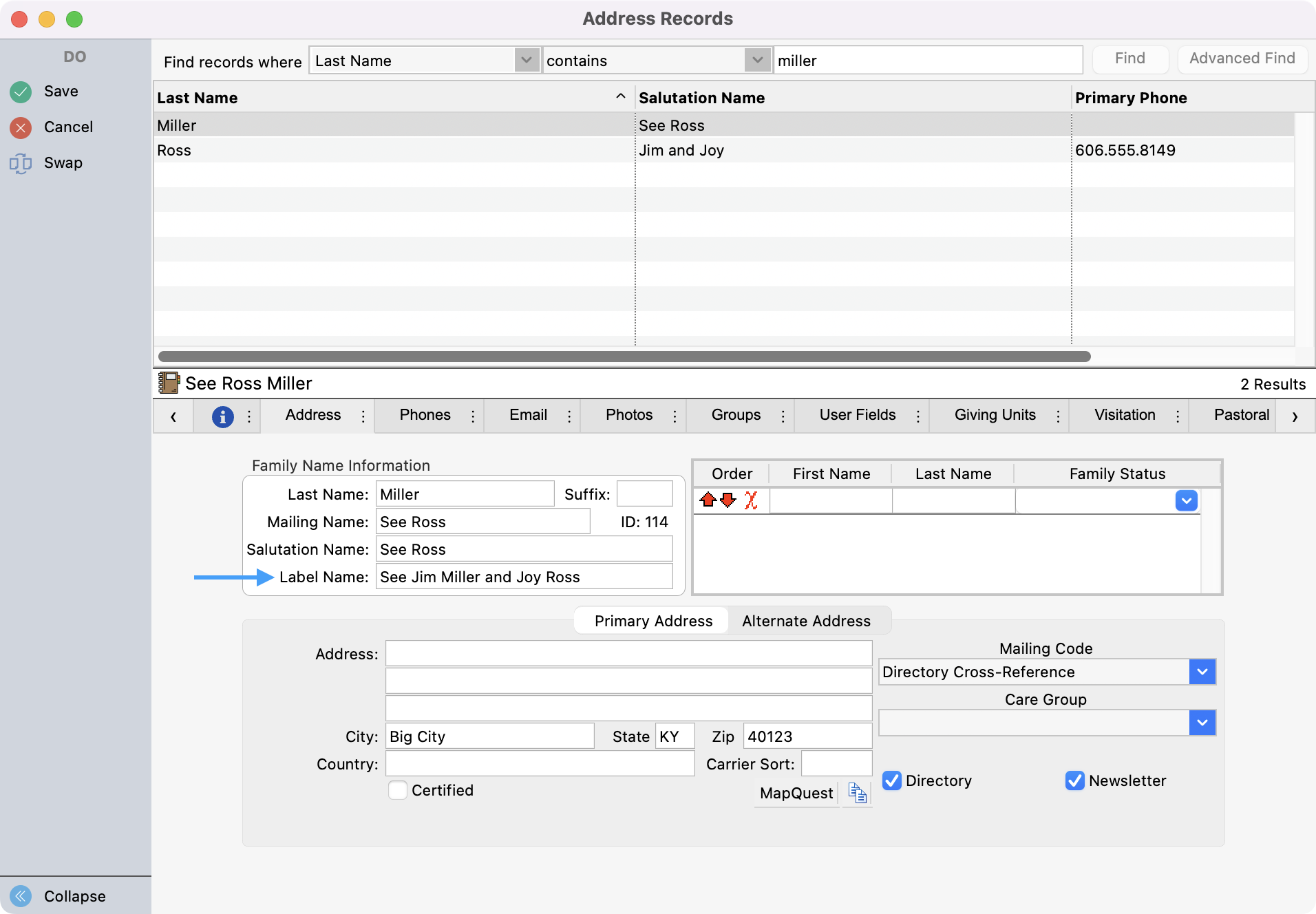 Address record window with arrow pointing to Labe Name field