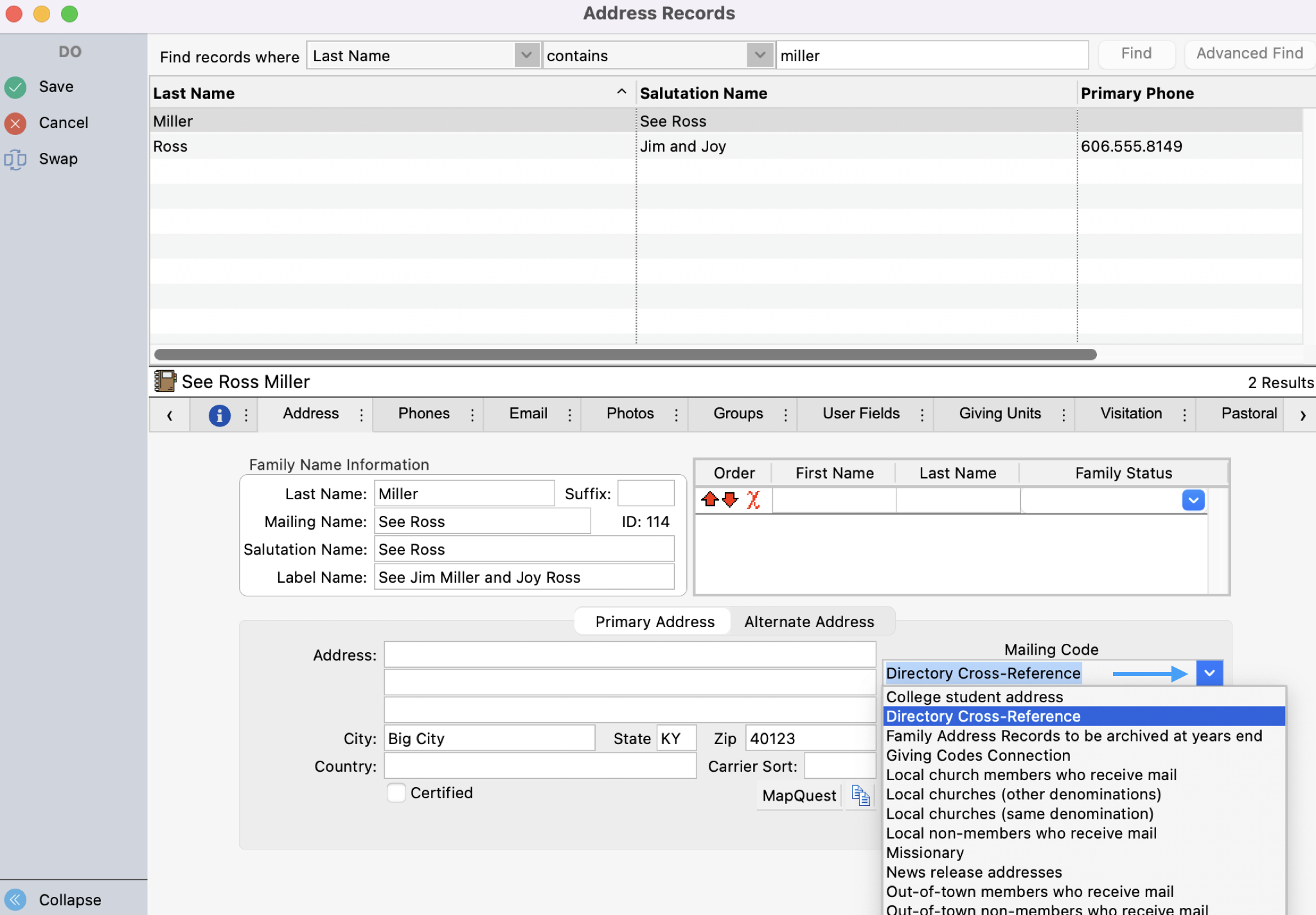 Address Record window with arrow pointing to the drop-list under Mailing Code.