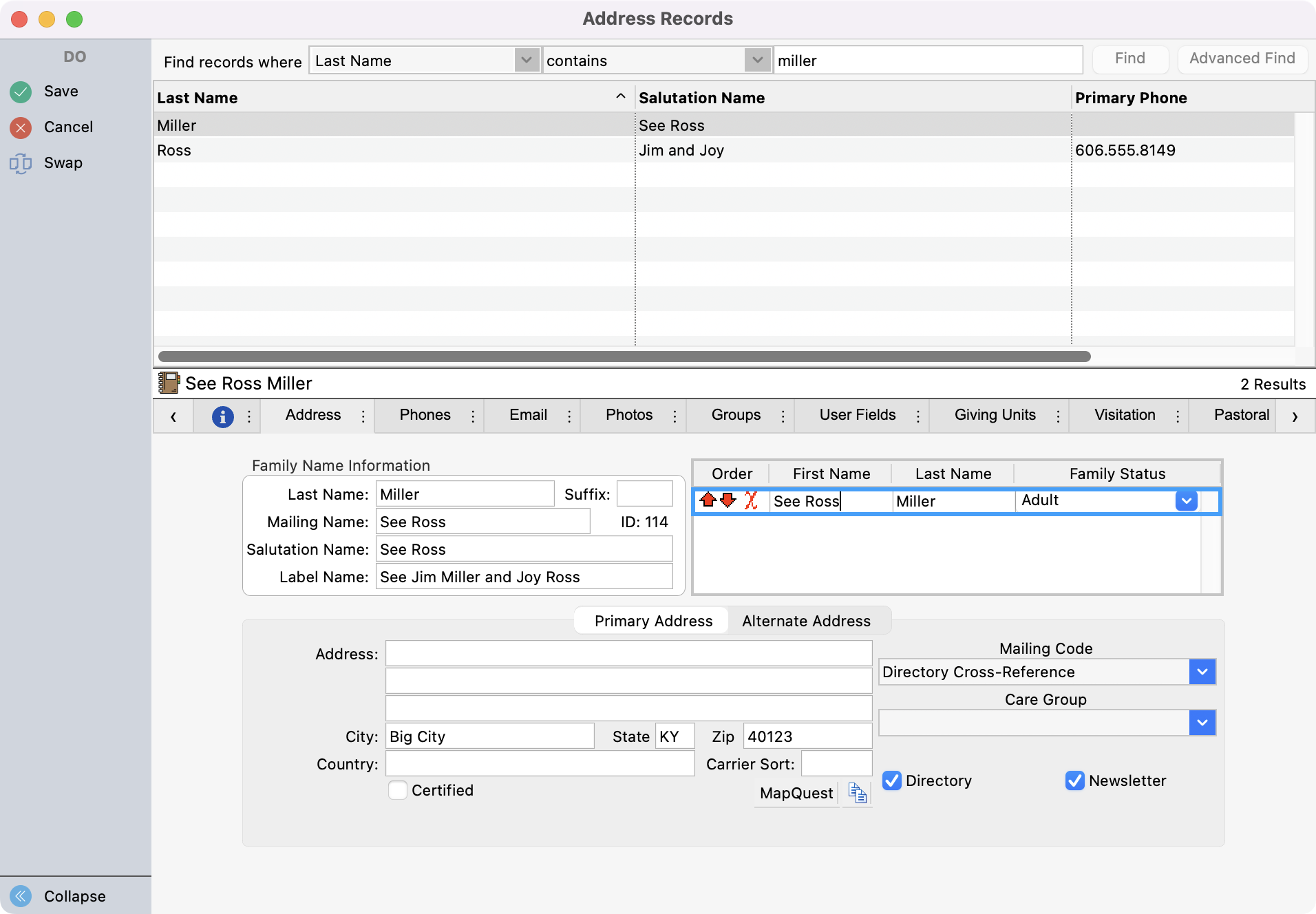 Address Record window highlighting Familly Status fields.