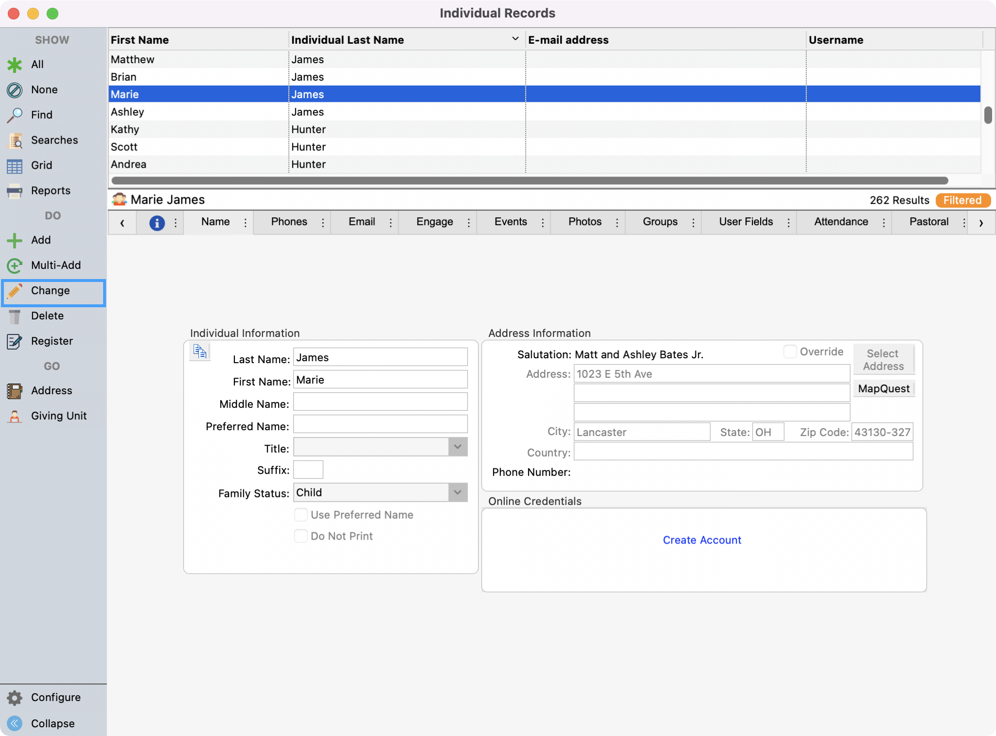Individual Record window with Change highlighted in the left sidebar.