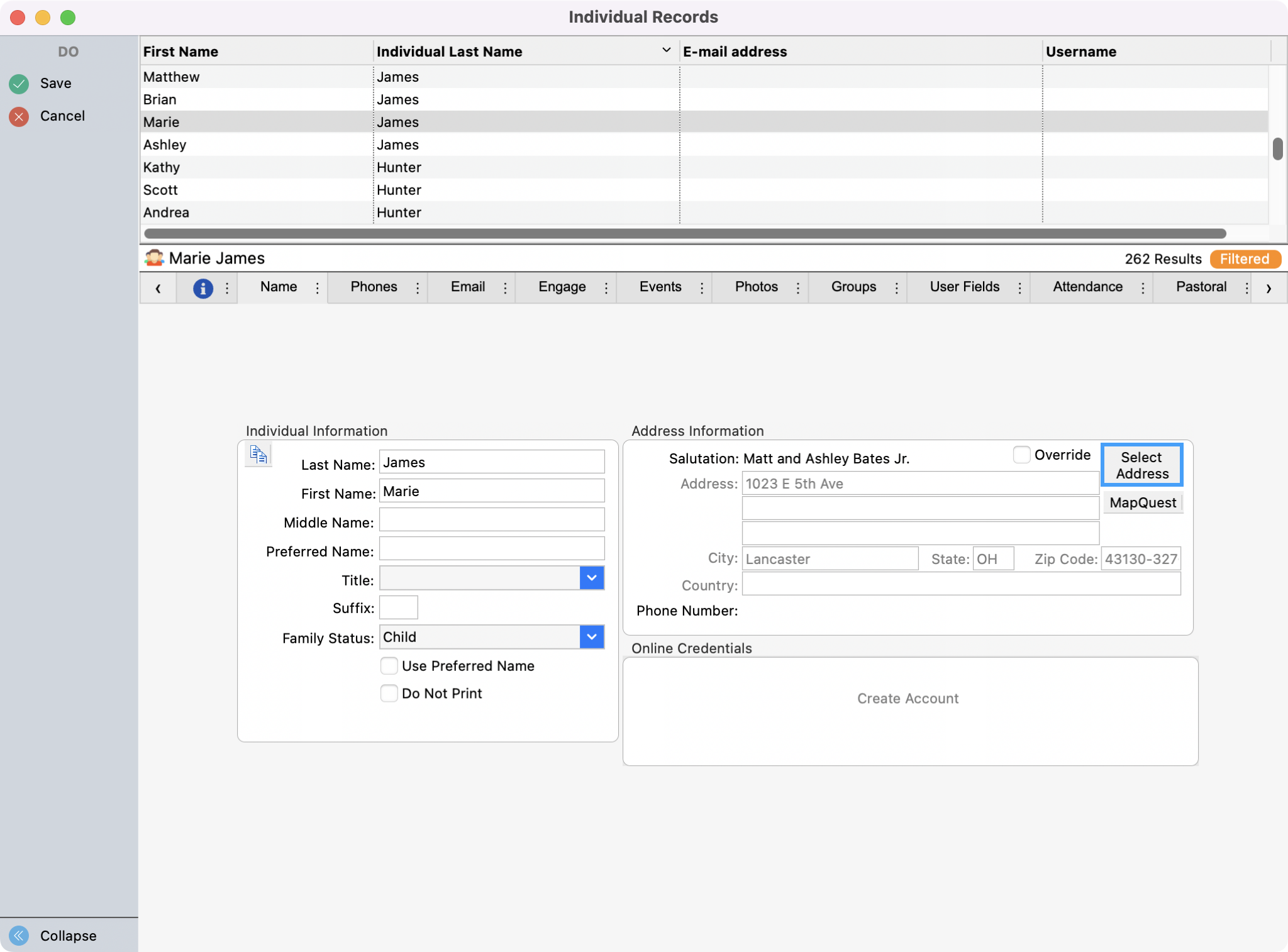 Individual Record window highlighting the Select Address option in change mode.