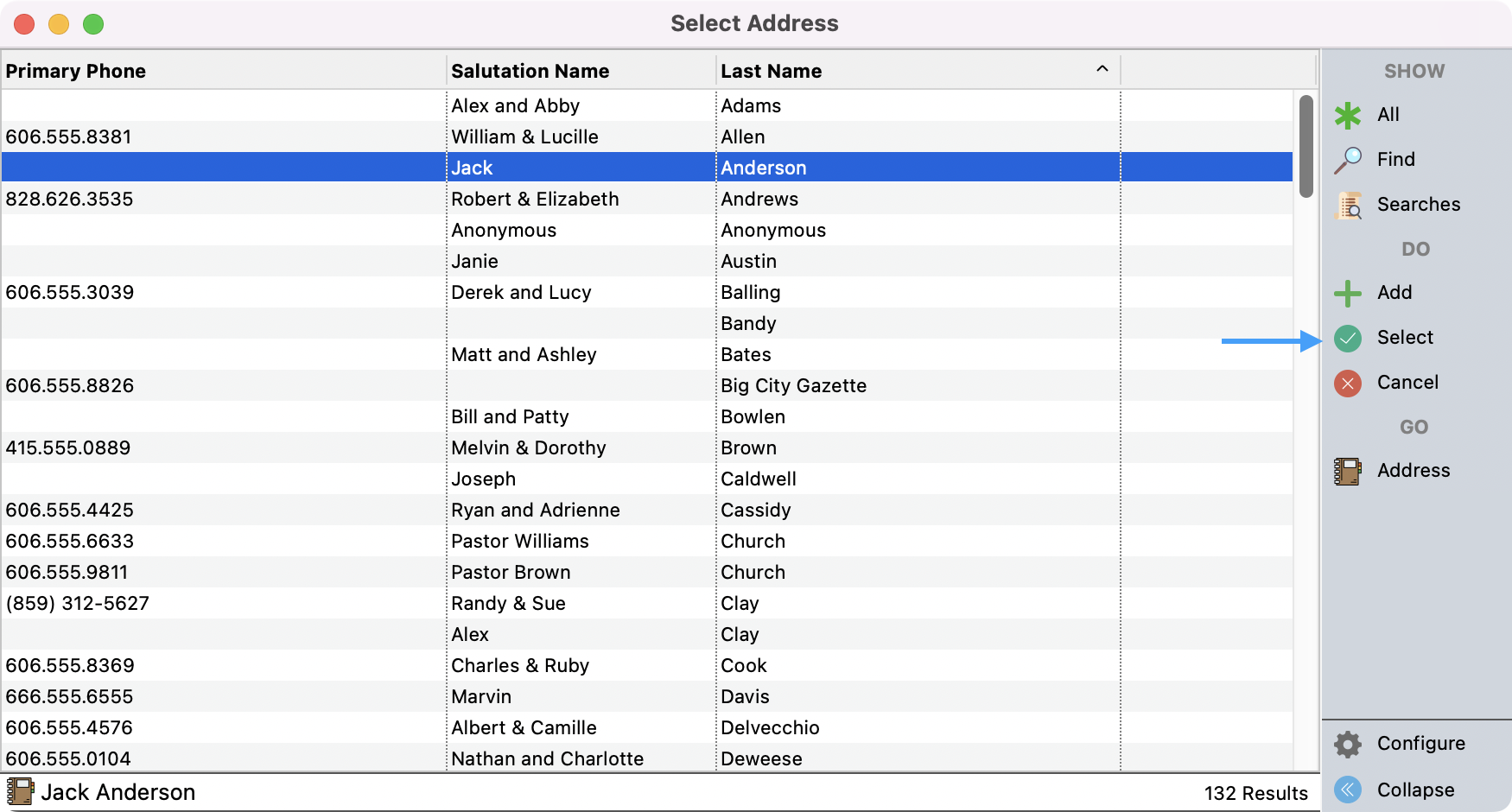 Select Address Window with Address Record highlighted and an arrow pointing to select.
