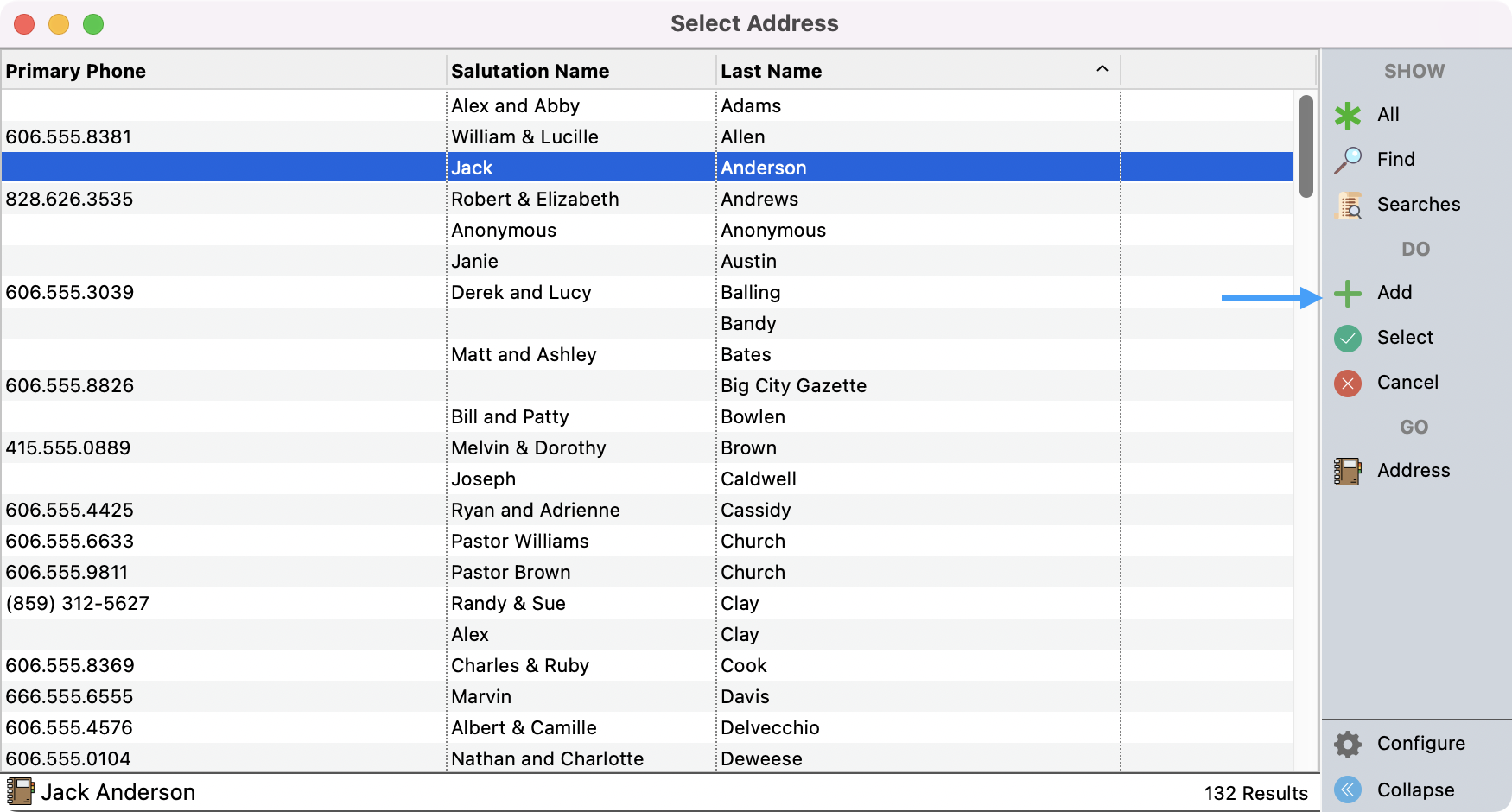 Select Address window with an arrow pointing to Add in the right sidebar. 