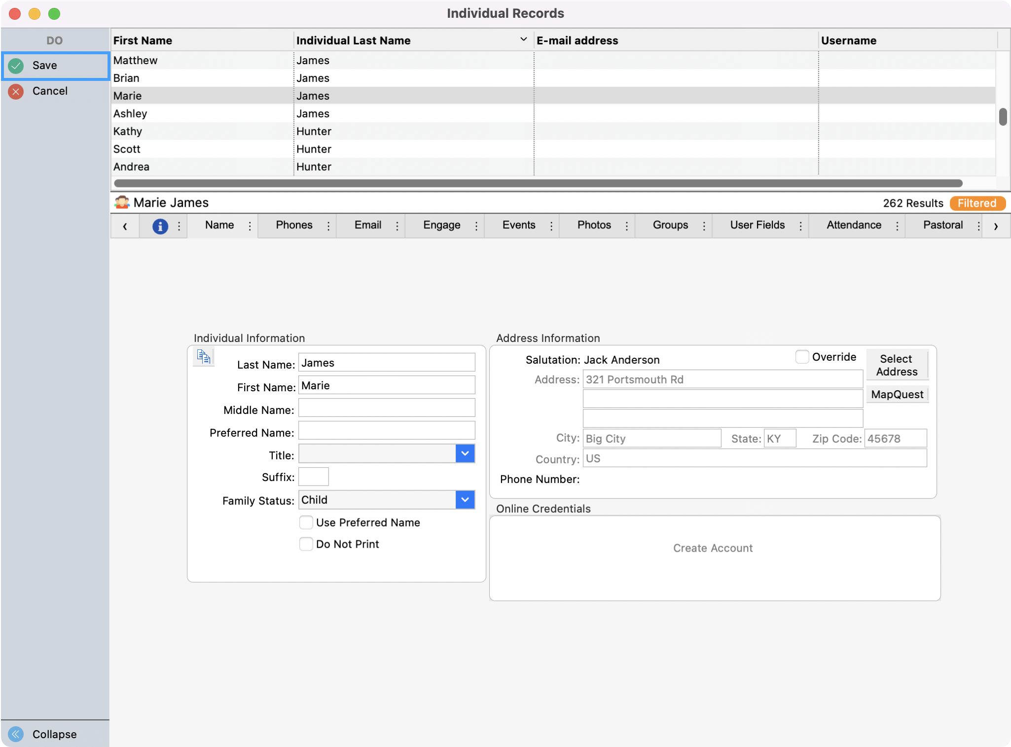 Individual Record window in change mode with the Save button highlighted in the upper left-hand side.