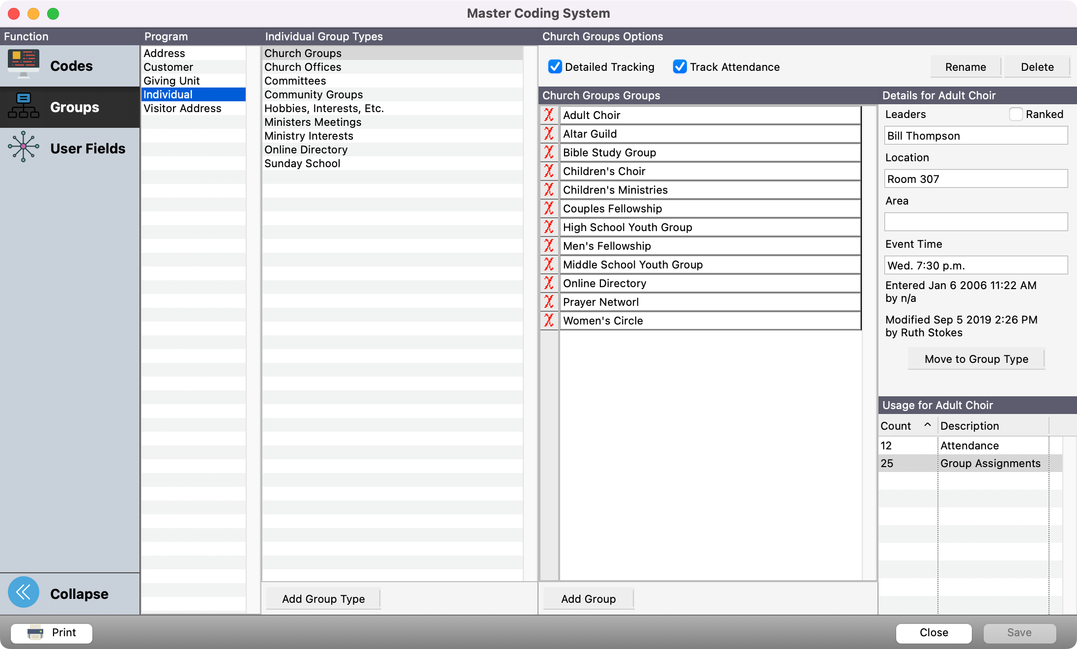 Master Coding System window with Individual highlighted in the program column.