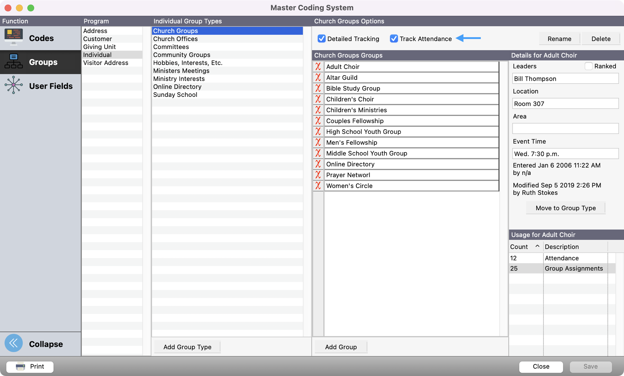 Master Coding System window with an Individual Group Type selected with an arrow pointing to the Track Attendance checkbox.