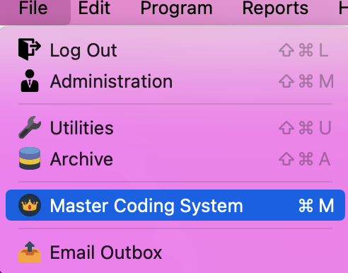 Shows the navigation path to Master Coding System.