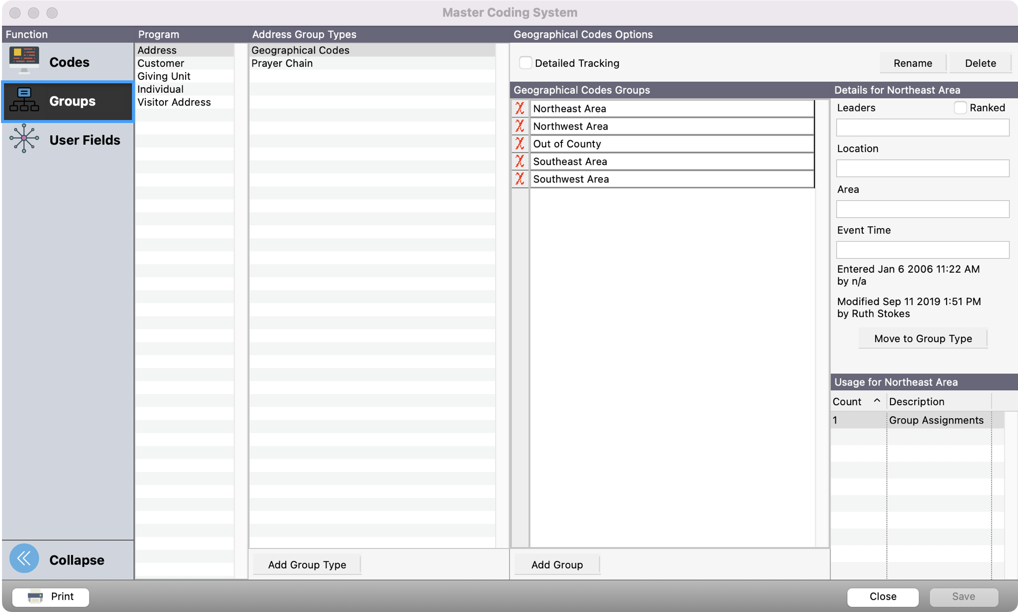 Master Coding System window with Groups highlighted in the left sidebar.