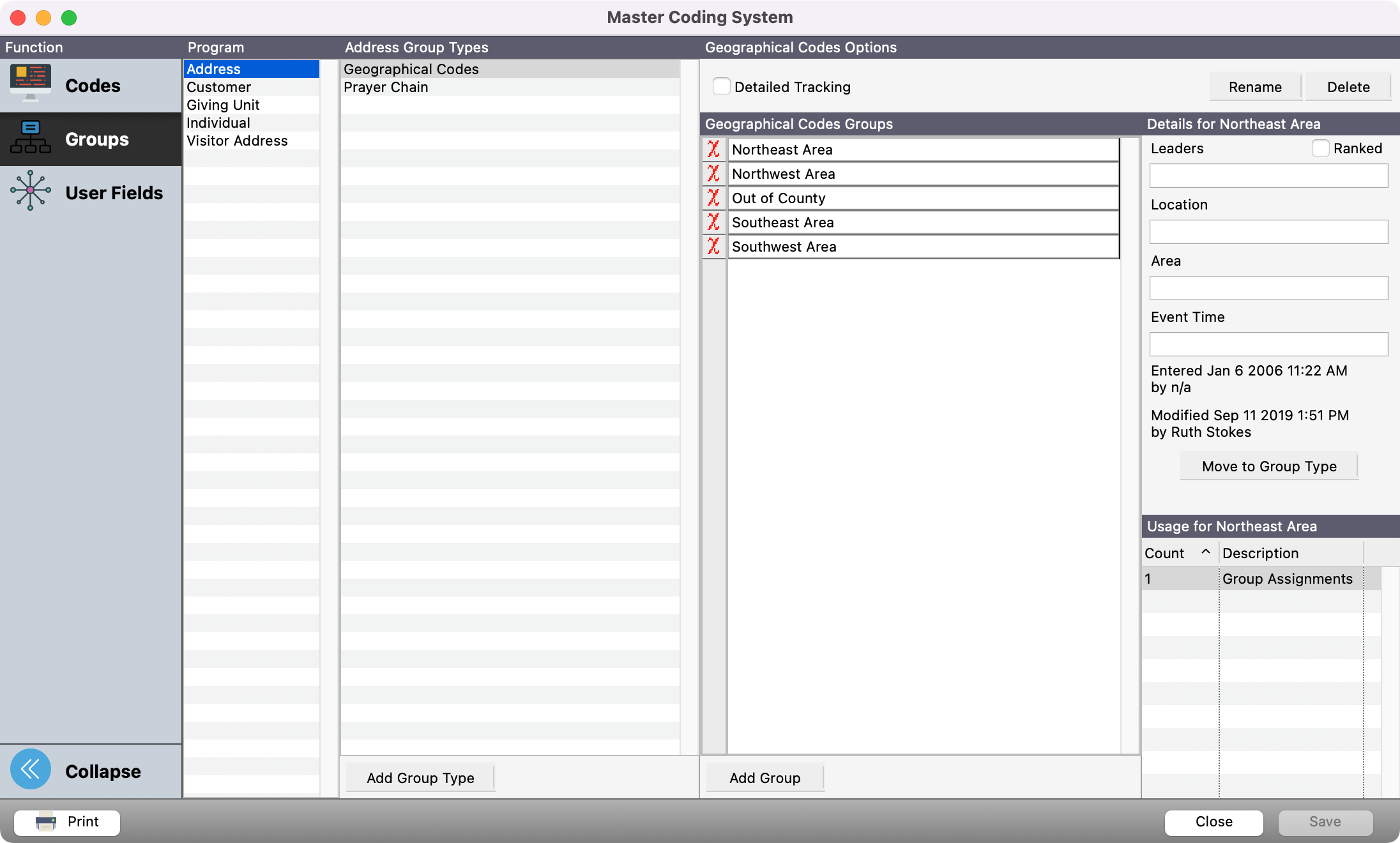 The Master Coding System window with Address highlighted under the Program column.