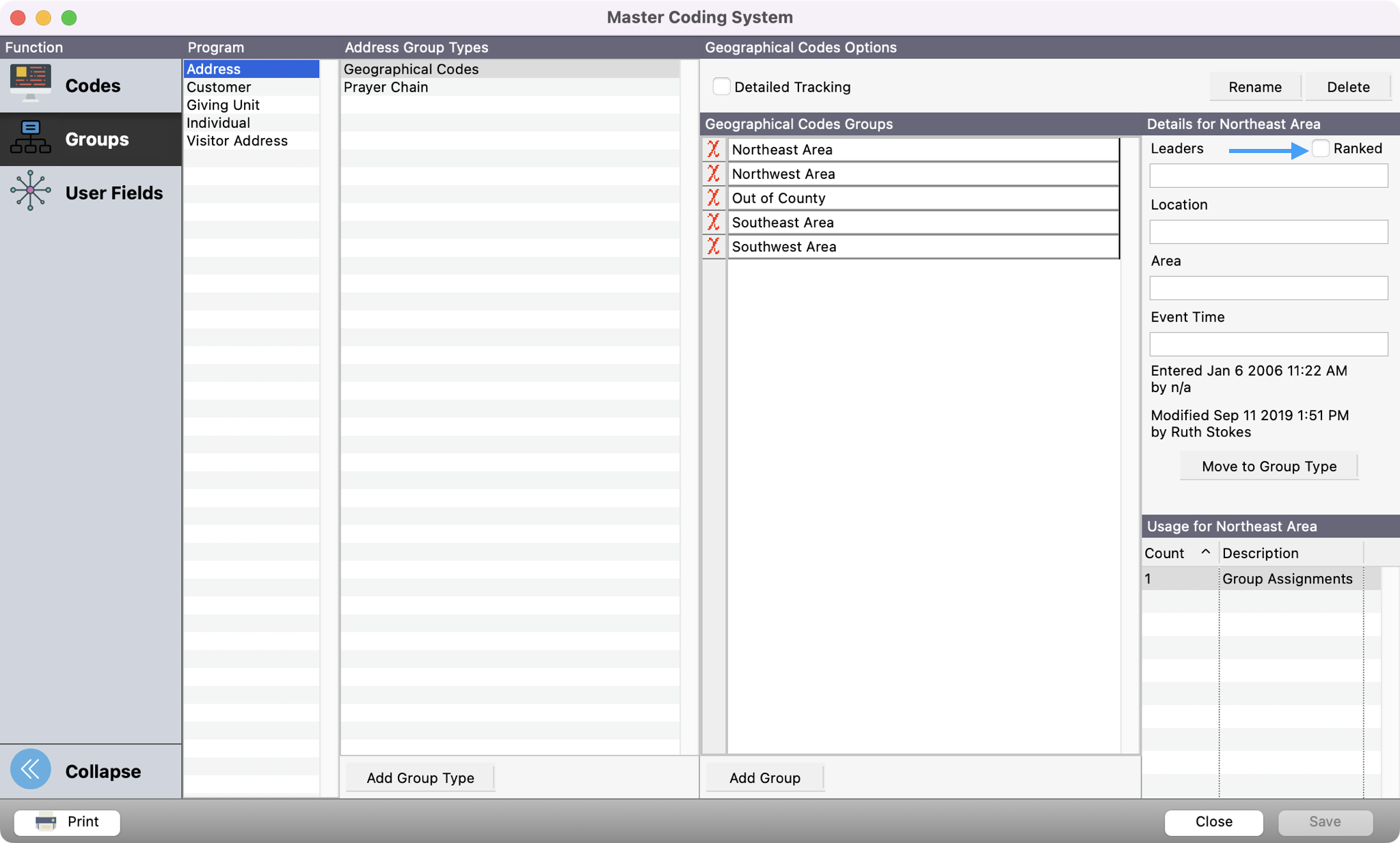 Master Coding System window with a group type selected and an arrow pointing to the ranked checkbox.