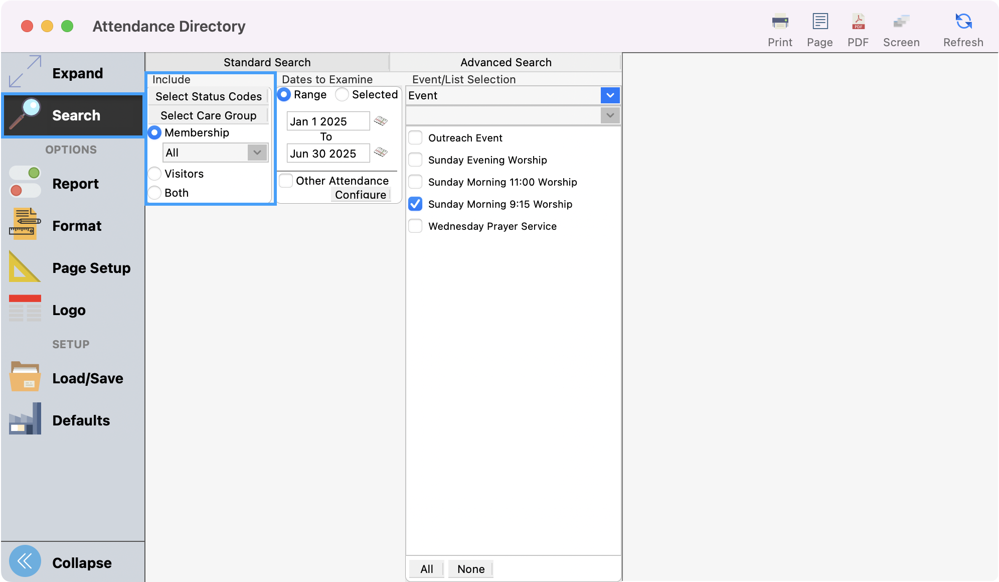 Attendance Directory window with Search highlighted in the left sidebar and the Include options highlighted.