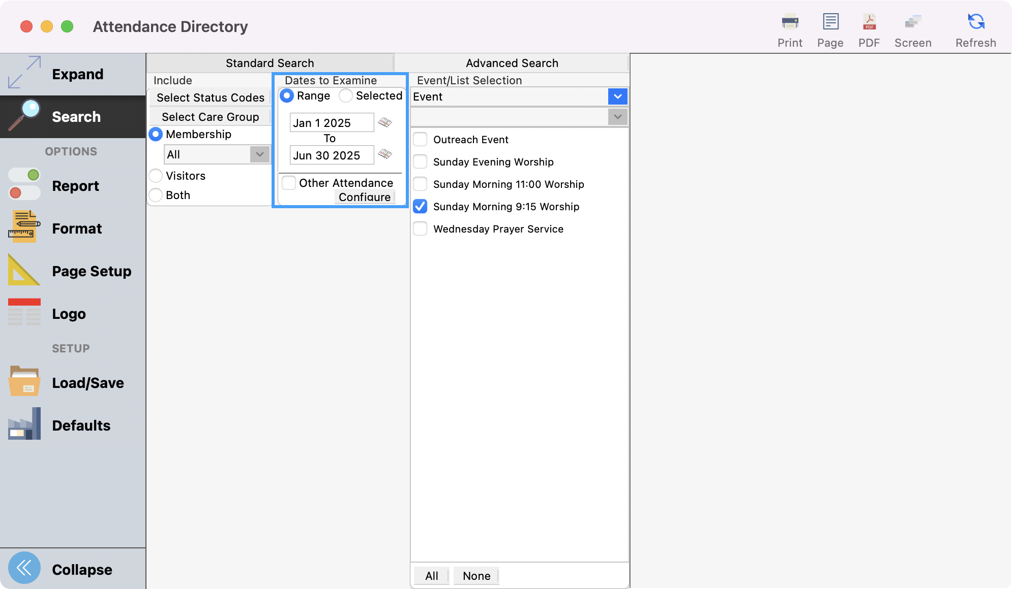 Attendance Directory window with Dates to Examine options highlighted.