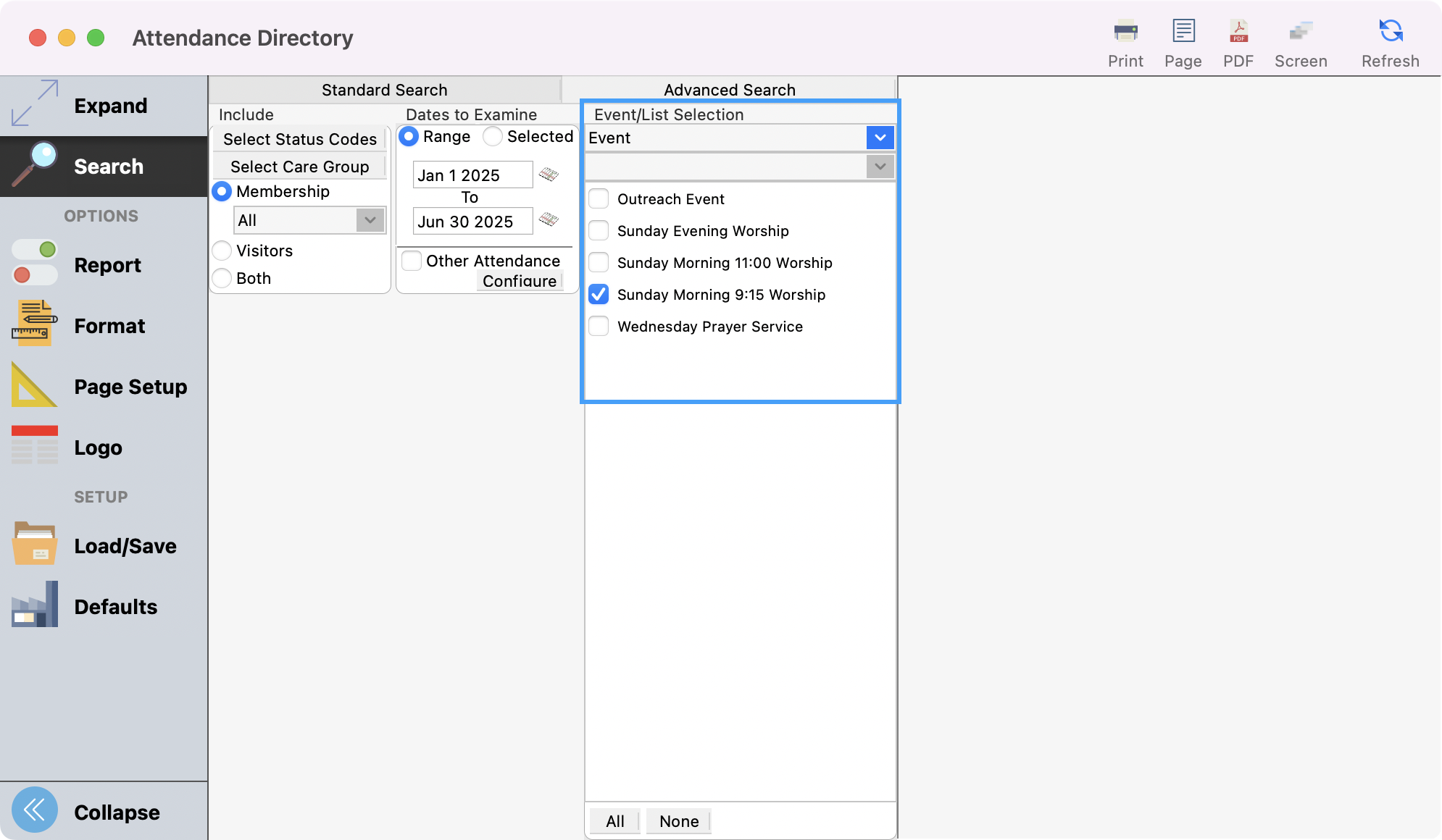 Attendance directory window with event options highlighted.