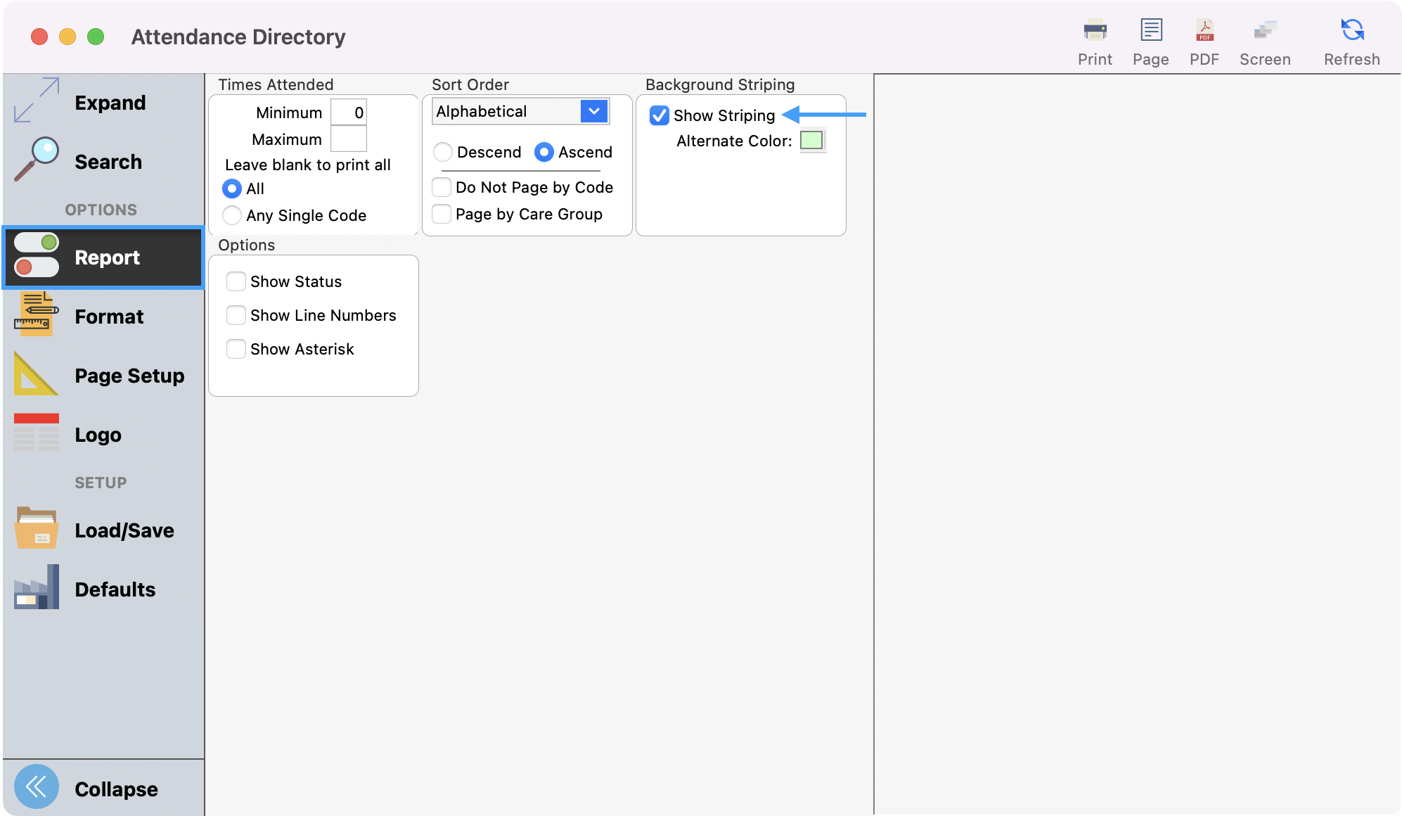 Attenance Directory window with the report menu highlighted in the left sidebar and an arrow pointing the the striping option.