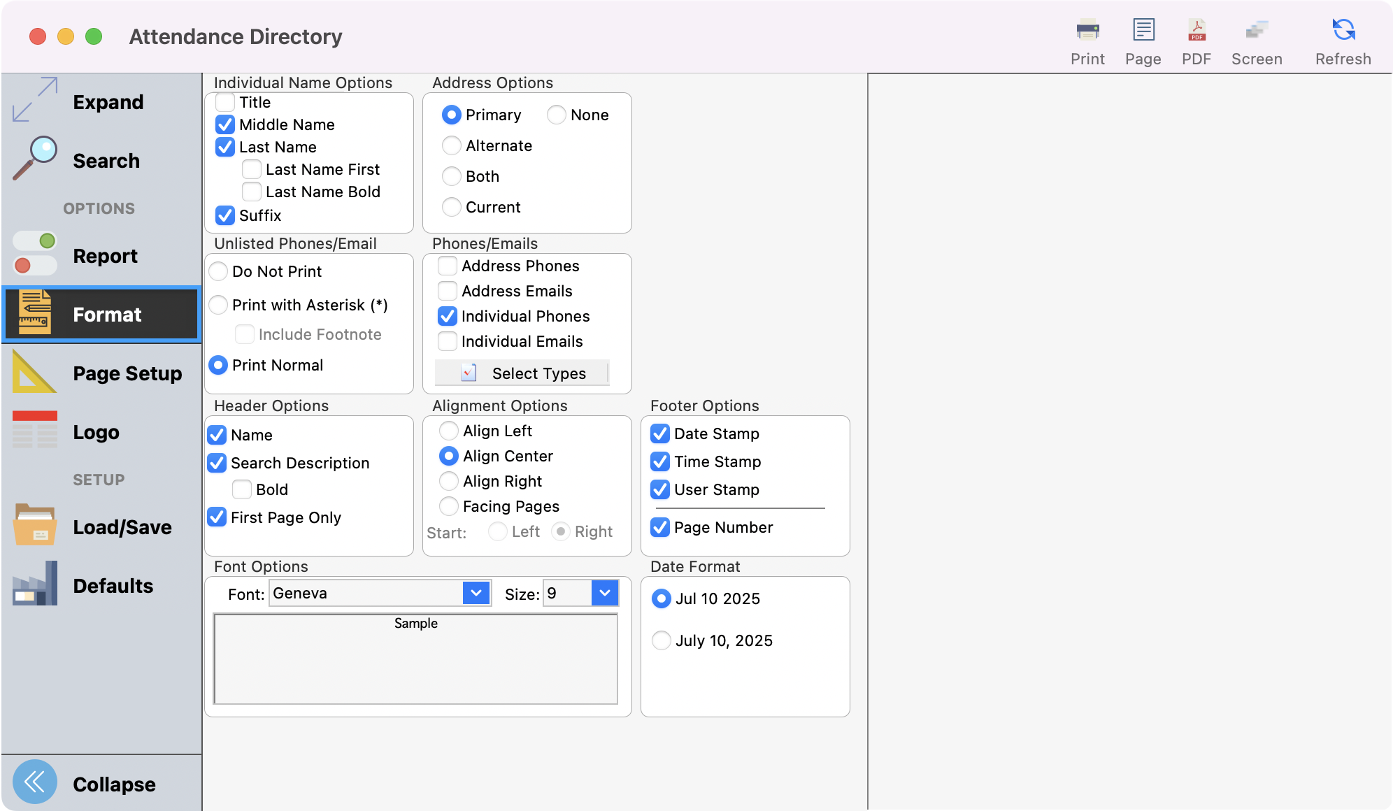 Attenance Directory window with the Format menu highlighted in the left sidebar. 