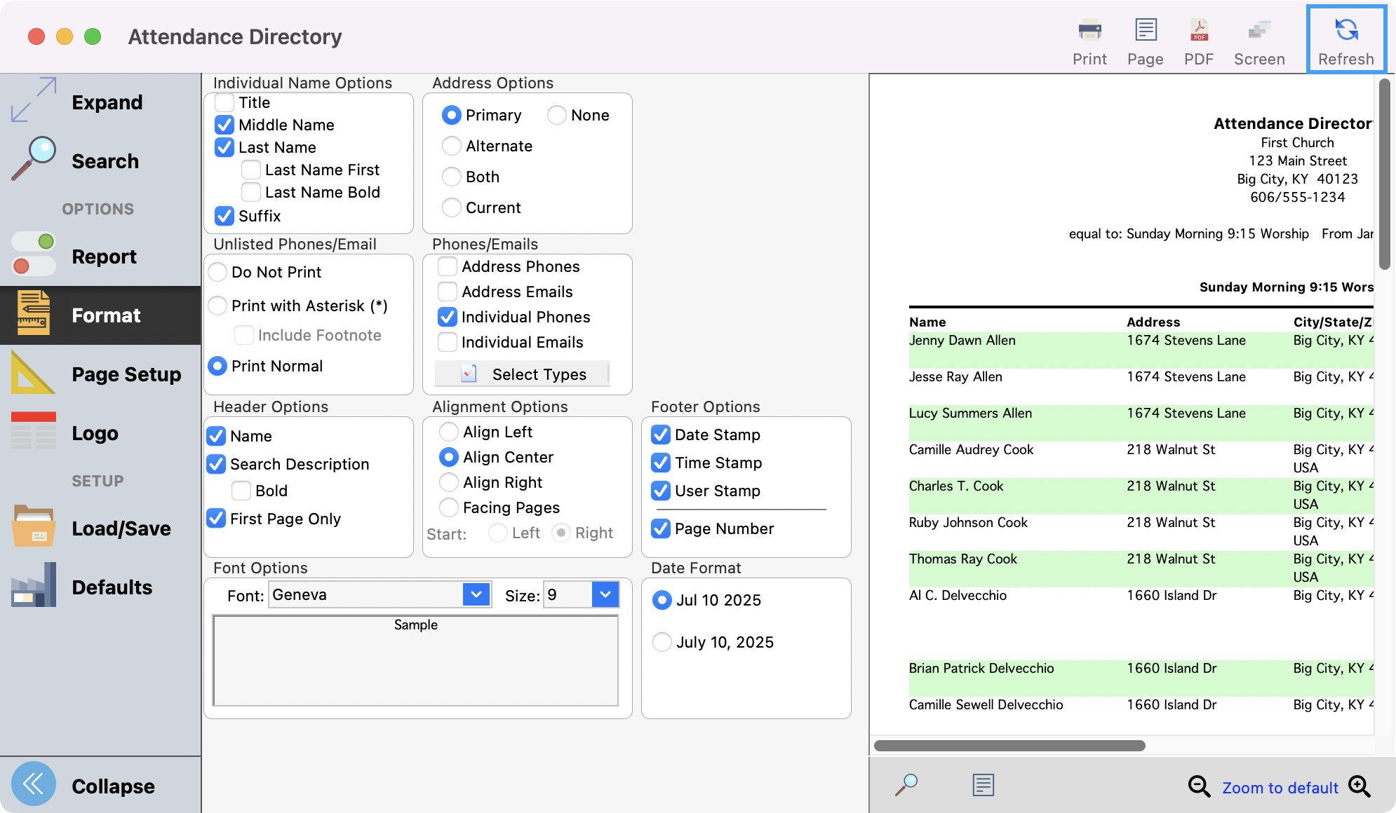 The Attenance Directory window with Refresh highlighted in the upper right-hand corner.