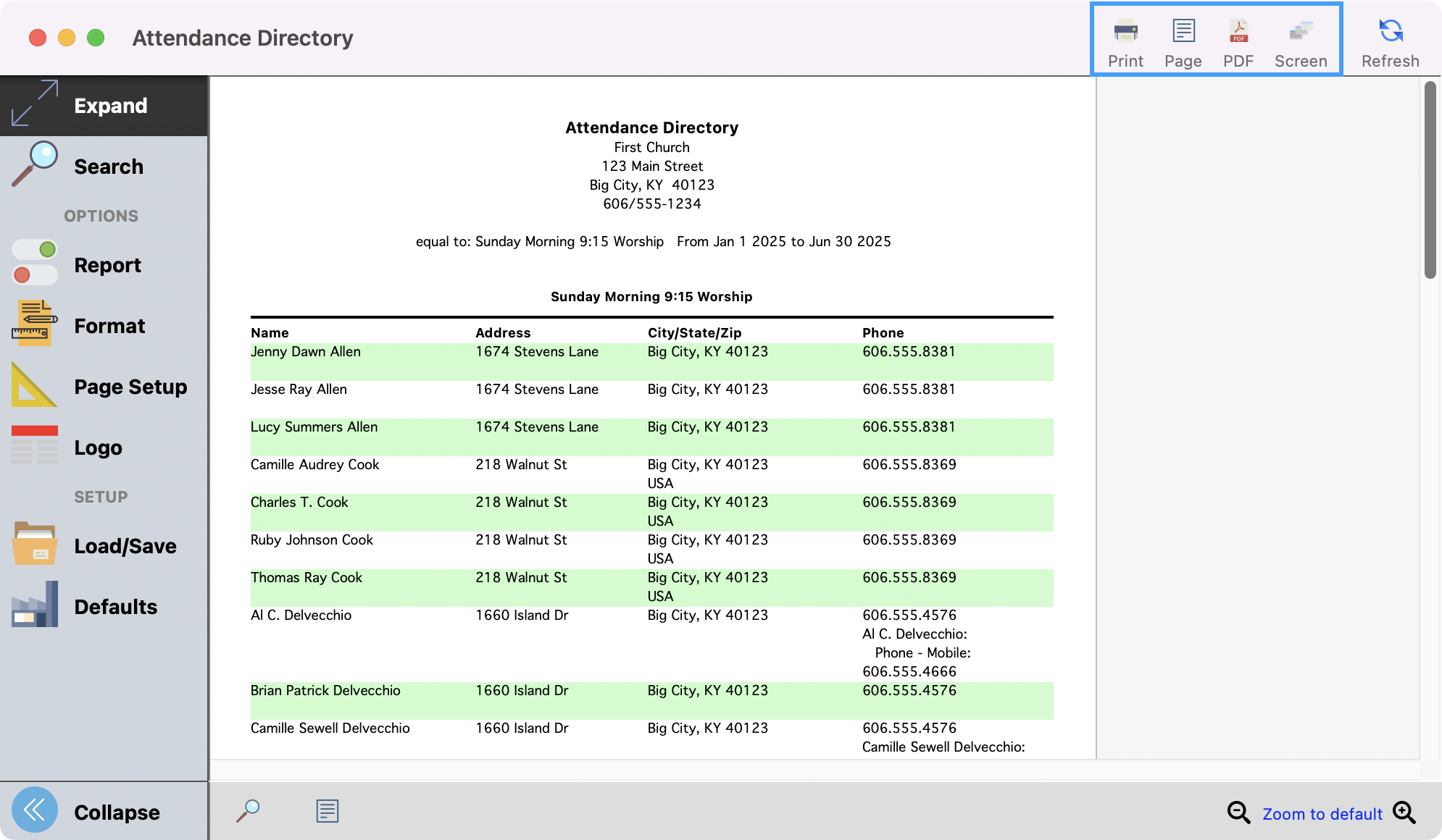 Attenance Directory window with the print and export options highlighted in the upper right-hand corner.