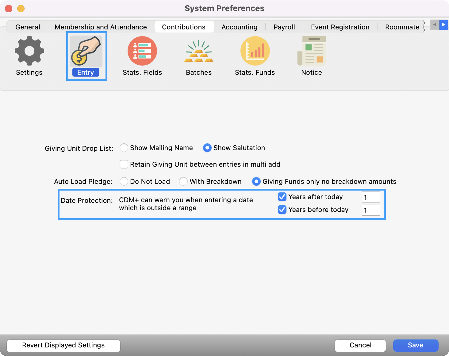 System Preference window with Contributions - Entry menu and the Date Protection section highlighted. 