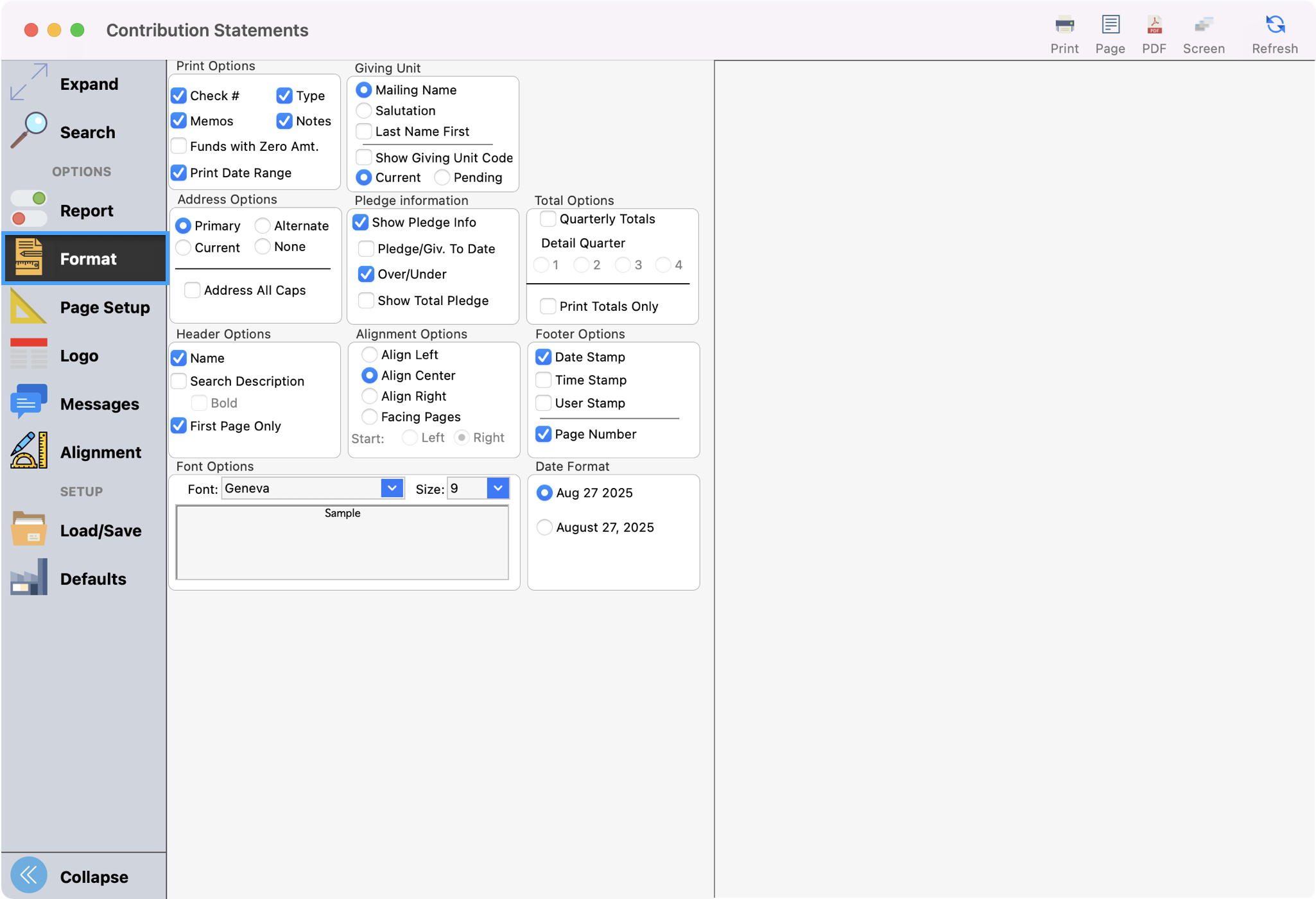 Contribution Statements window with Format highlighted in the left sidebar menu.
