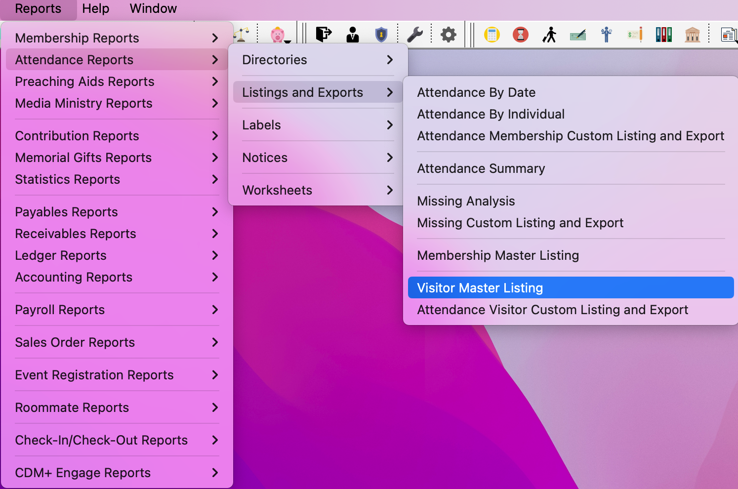 Picture of navigation to Visitor Master Listing report.