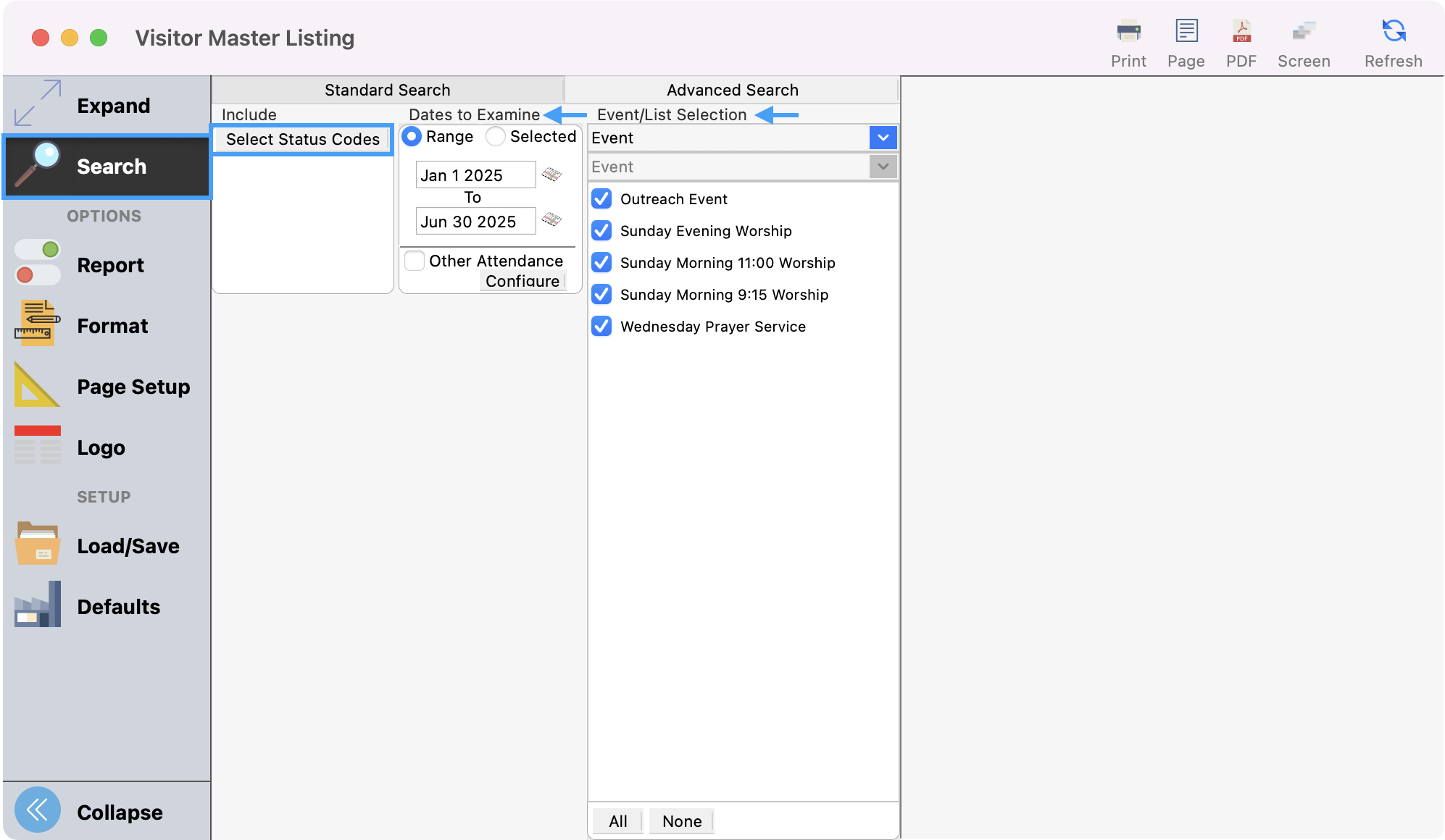 Picture of Visitor Maser Listing window with the Search menu and search criteria options highlighted. 