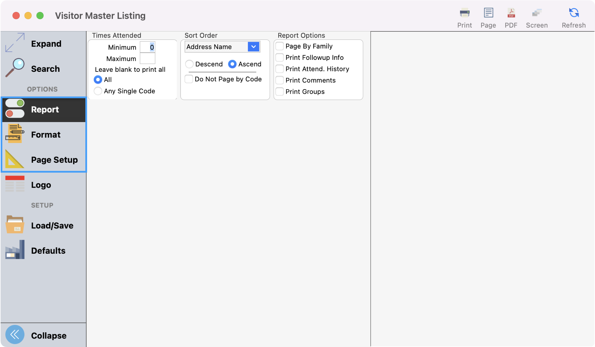 Picture of Visitor Master Listing window with Report, Format, and Page Setup menus highlighted in the left sidebar.
