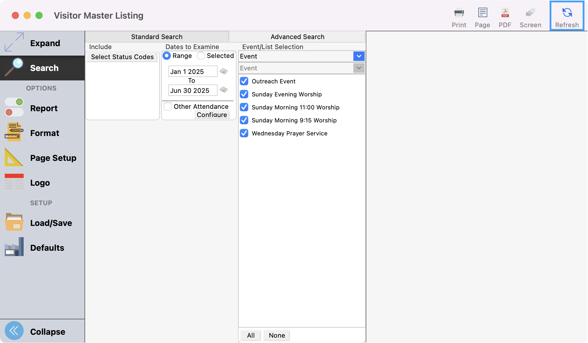 Visitor Master Listing window with Refresh highlighted in the upper right-hand corner.