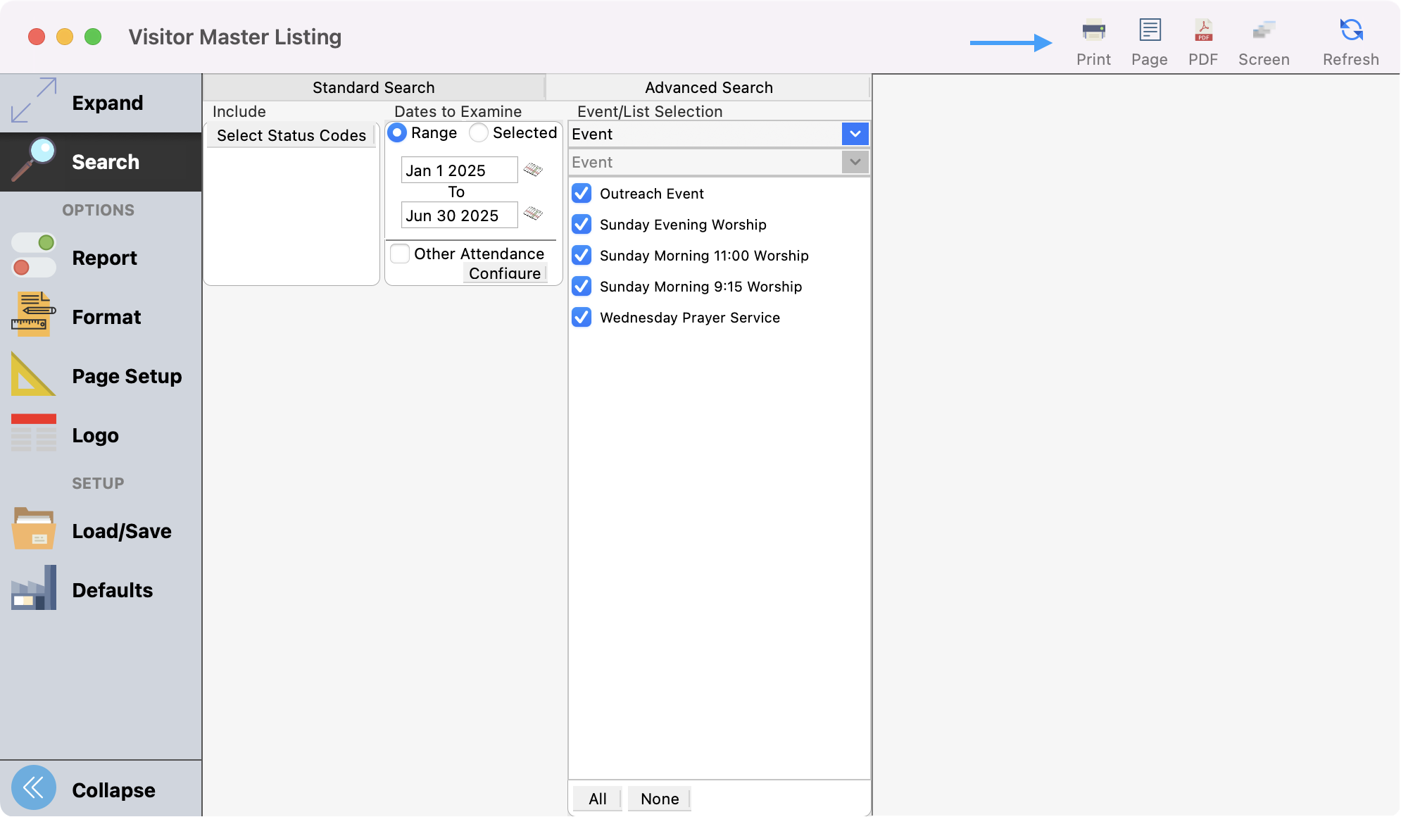Visitor Master Listing window with an arrow pointing to the different print and export options.
