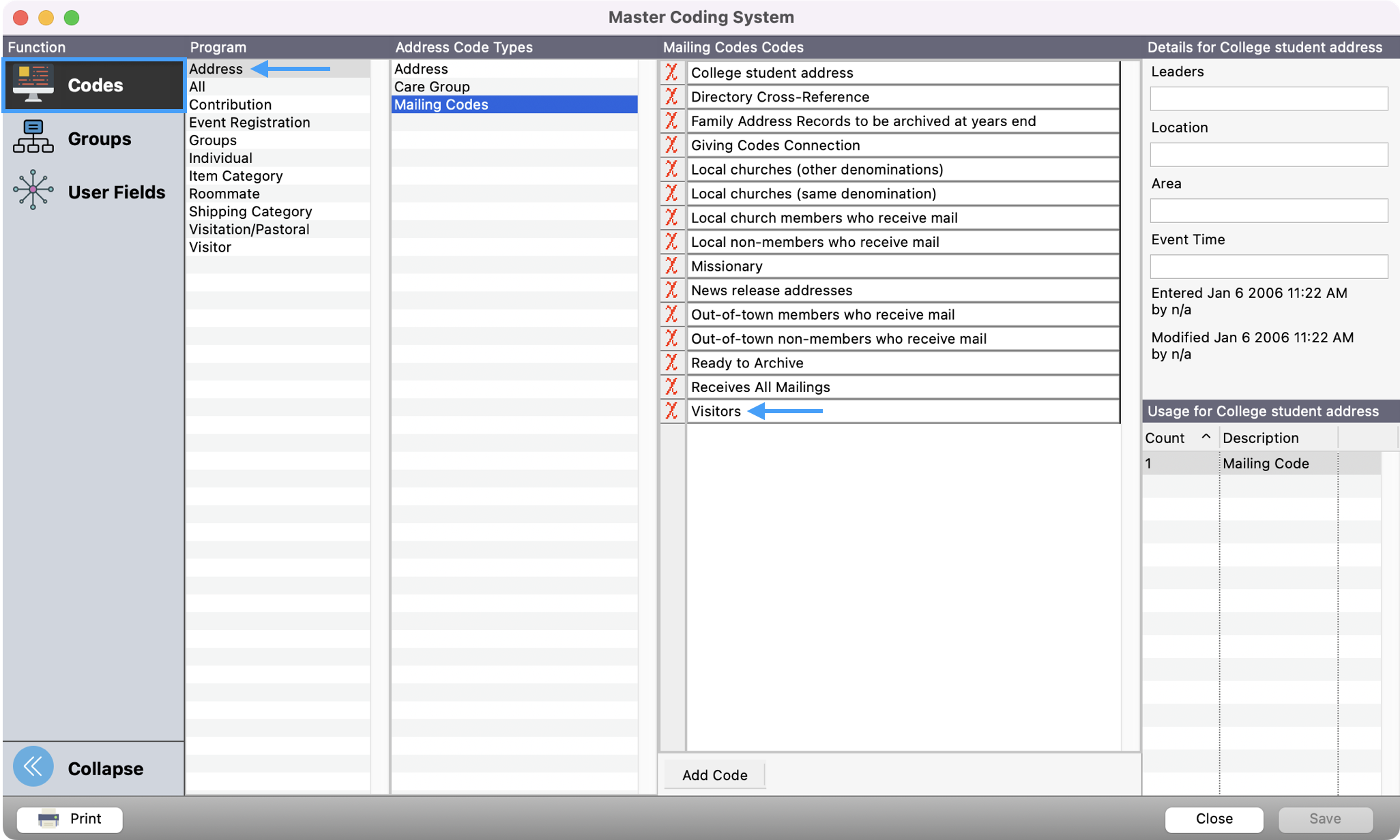 Picture of Master Coding System with Codes highlighted in the left sidebar, Addresses highlighted in the Program column, Mailing Codes selected under Address Code Types, and Visitors highlighted in the Mailing Codes Type column.