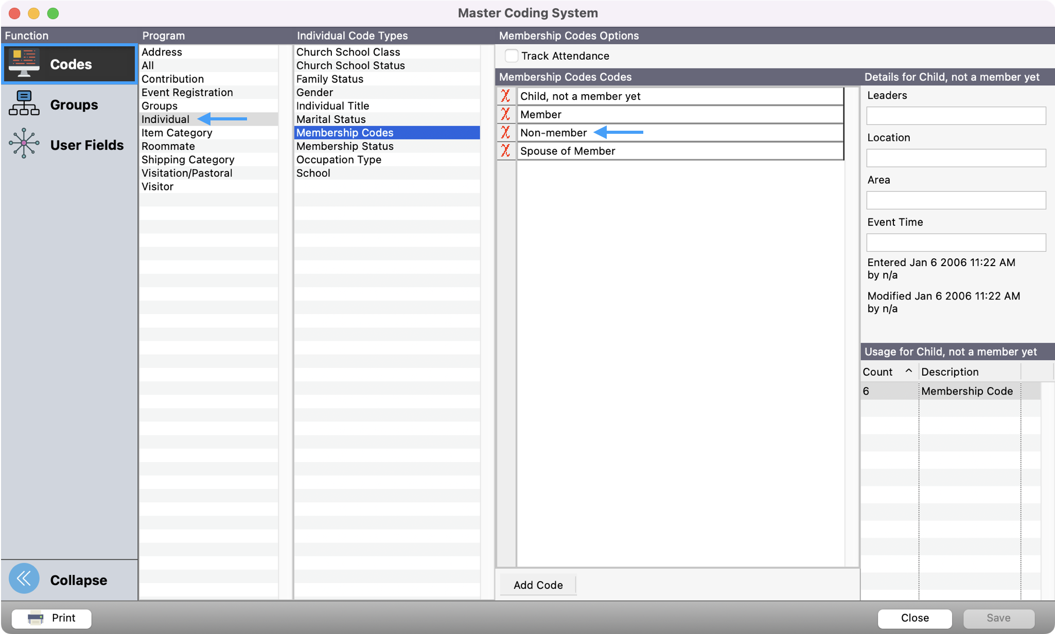 Picture of Master Coding System window with Codes highlighted in the left sidebar, Individual highlighted in Program column, Membership Codes selected under Individual Code Types, and non-member highlighted under Membership Codes column
