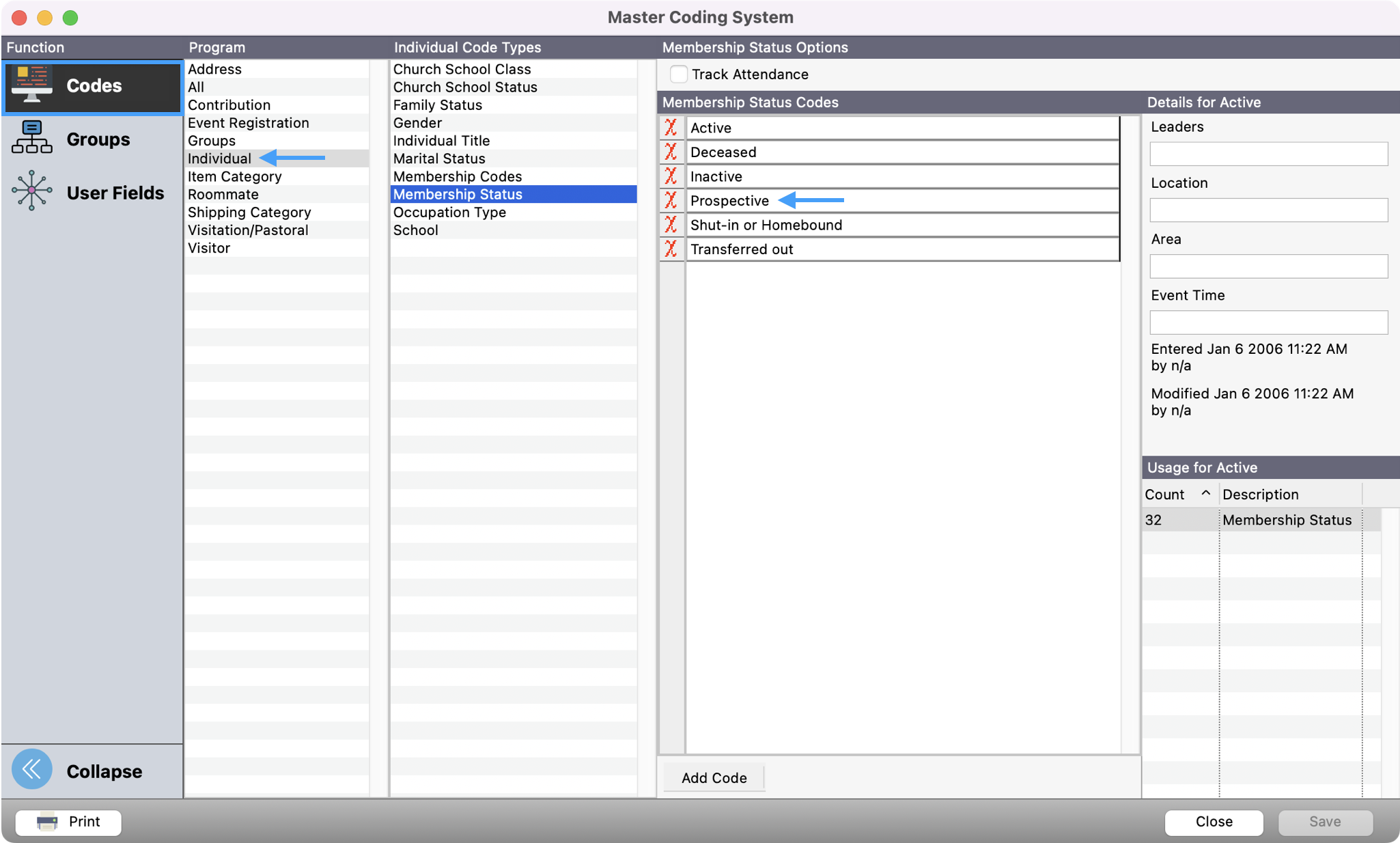 Picture of Master Coding System window with Codes highlighted in the left sidebar, Individual highlighted in Program column, Membership Status selected under Individual Code Types, and Prospective highlighted under Membership Codes column.