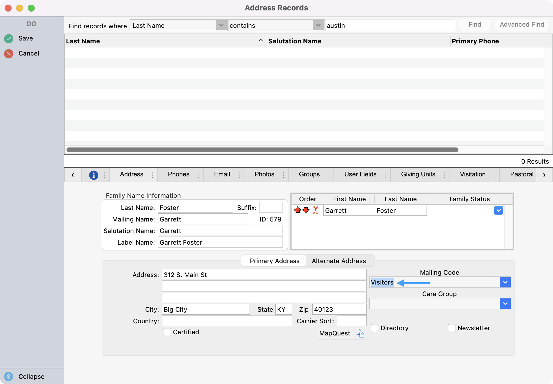 Picture of Address record with Visitors highlighted in the Mailing Code field.
