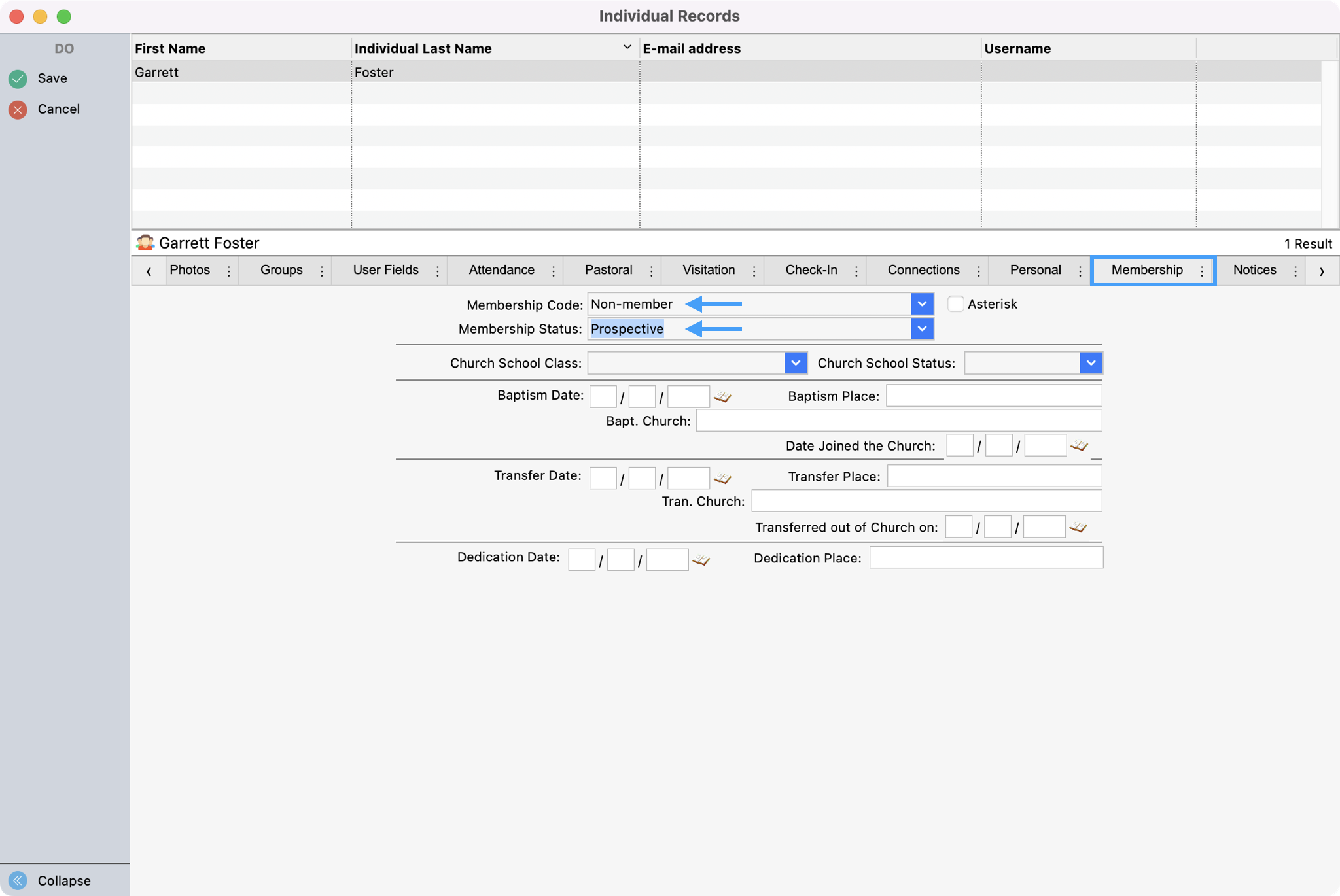 Picture of Individual record with the Membership tab highlighted and an arrow highlighting the Membership Code and Membership Status used.