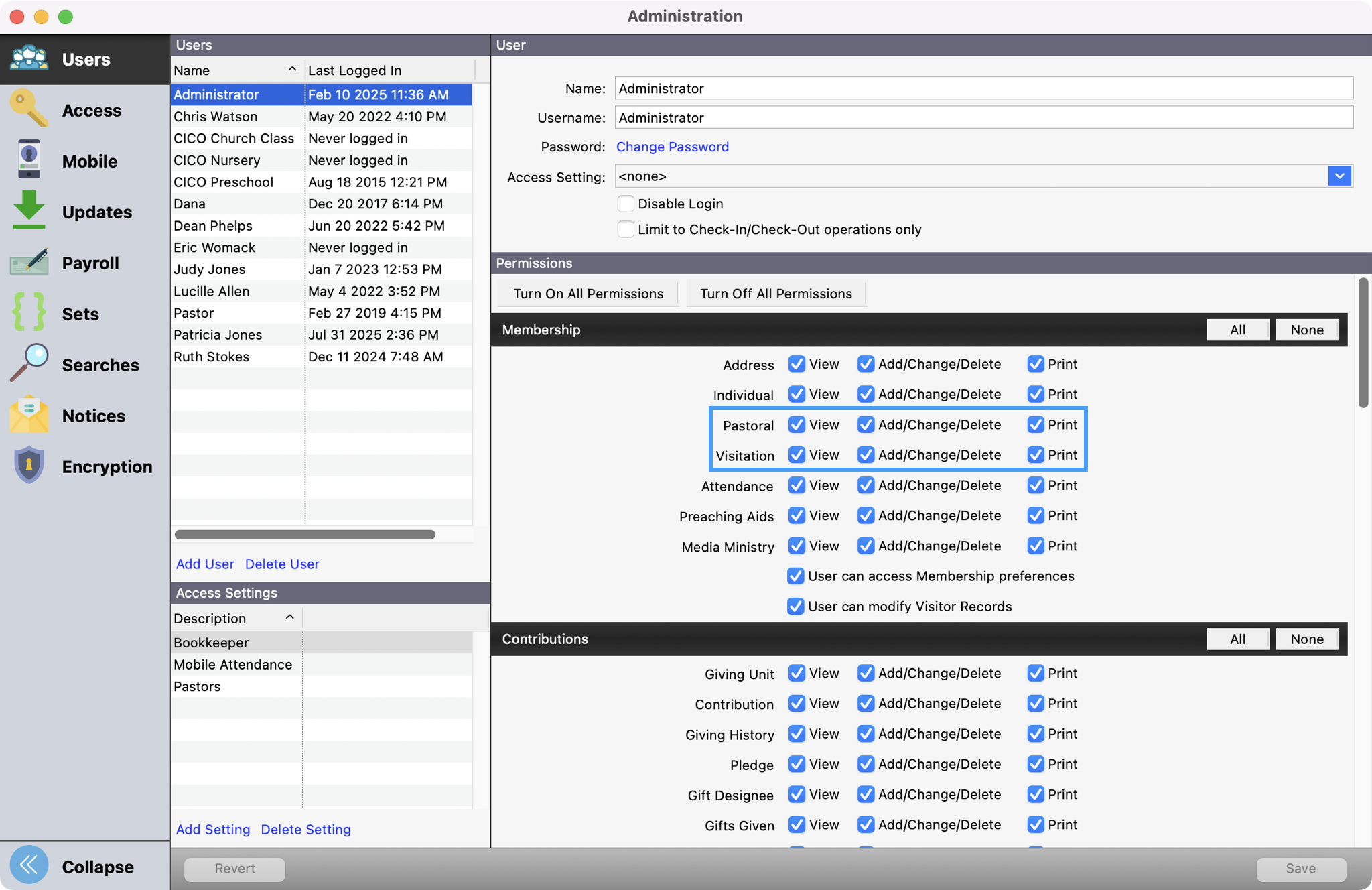 Picture of Administration window with the permissions for Pastoral and Visitation records highlighted.