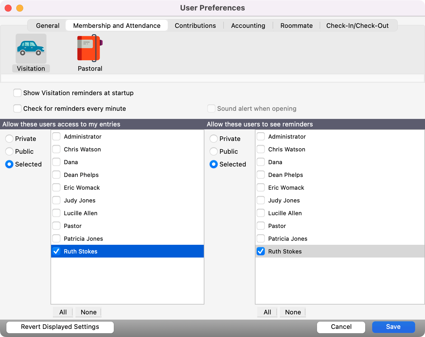 User Preferences window showing how to give access to selected users.