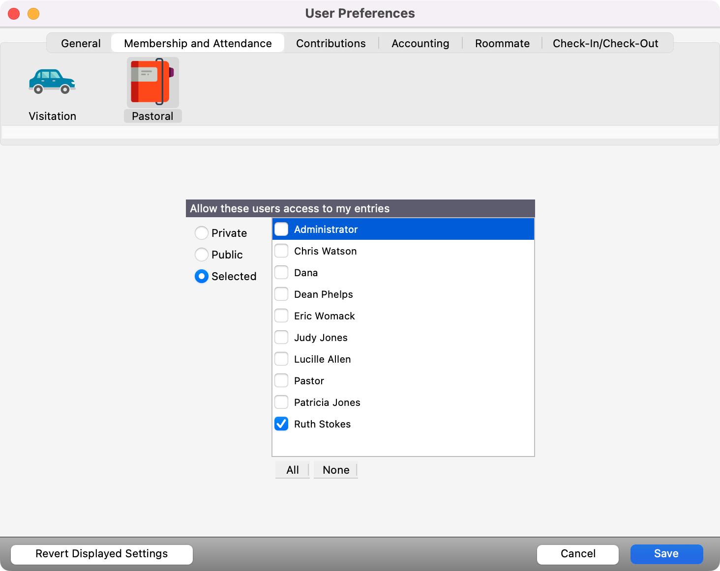 User Preference window showing how to give selected users access to Pastoral records.