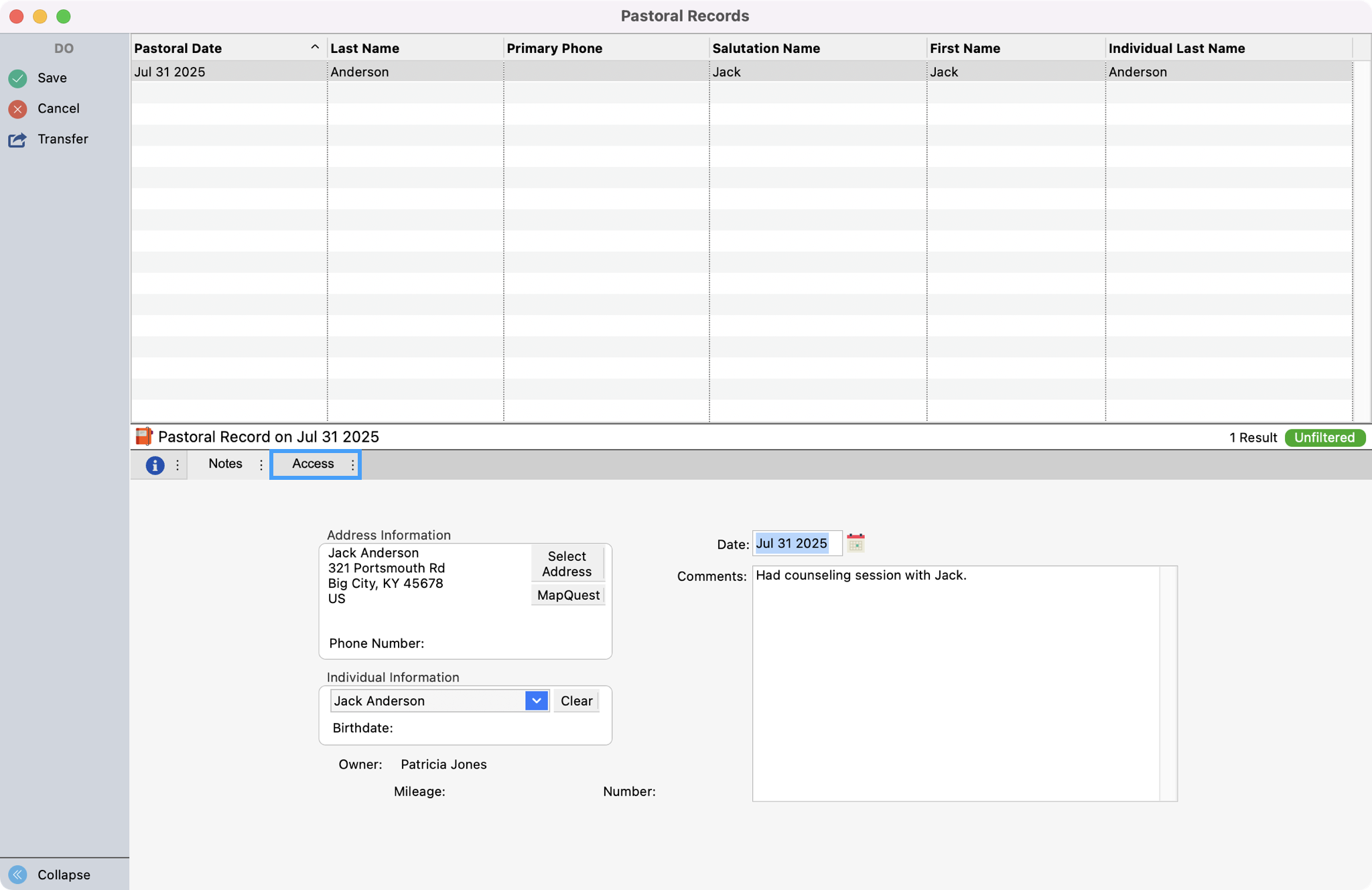 Pastoral records window with the Access tab highlighted.
