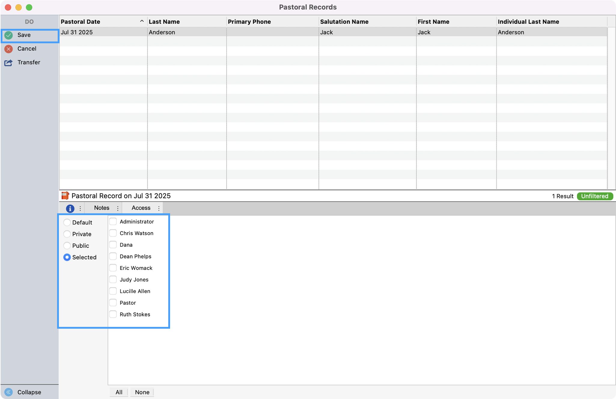 Pastoral Records window with access options highlighted.