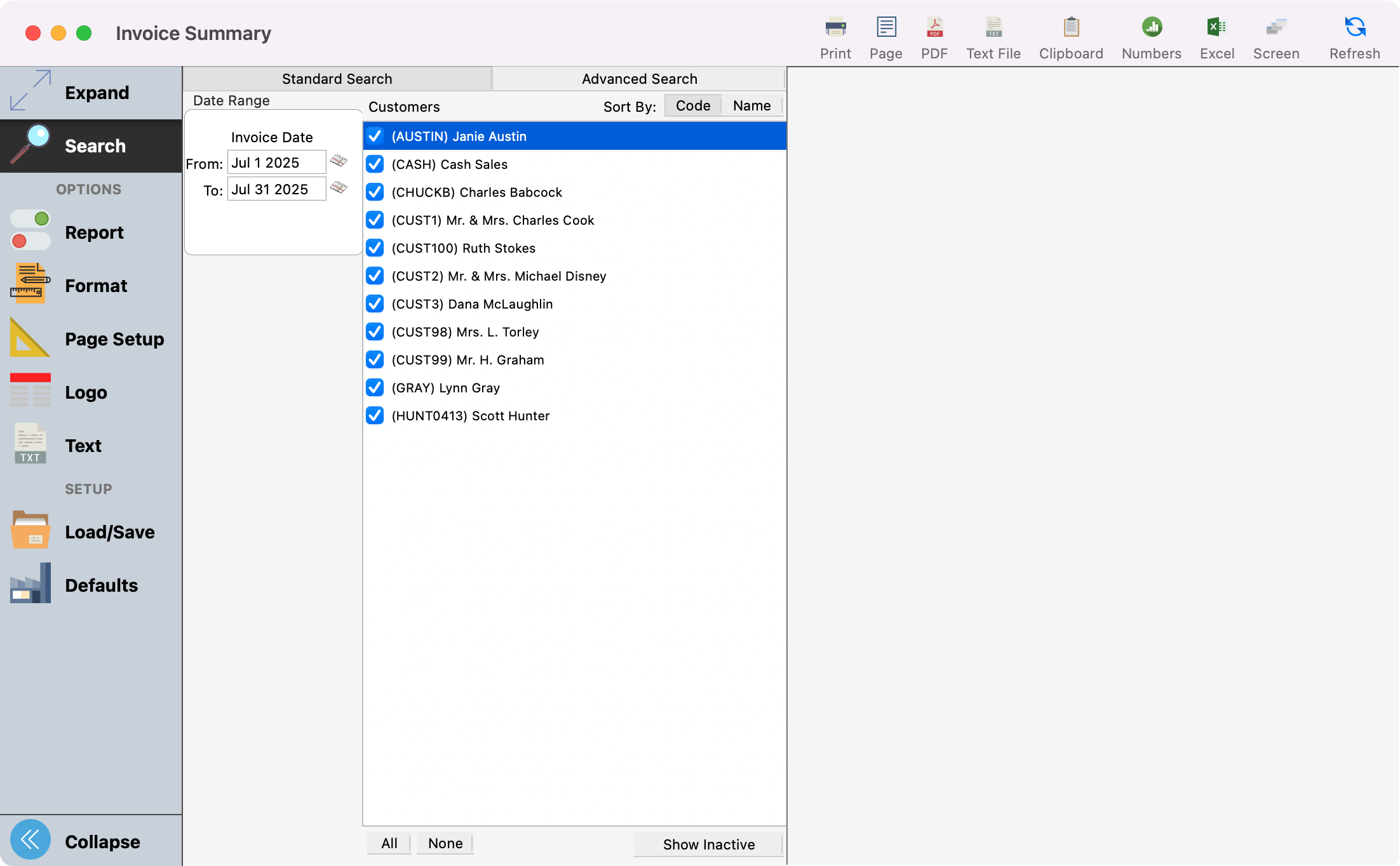 Picture of Invoice Summary report window.