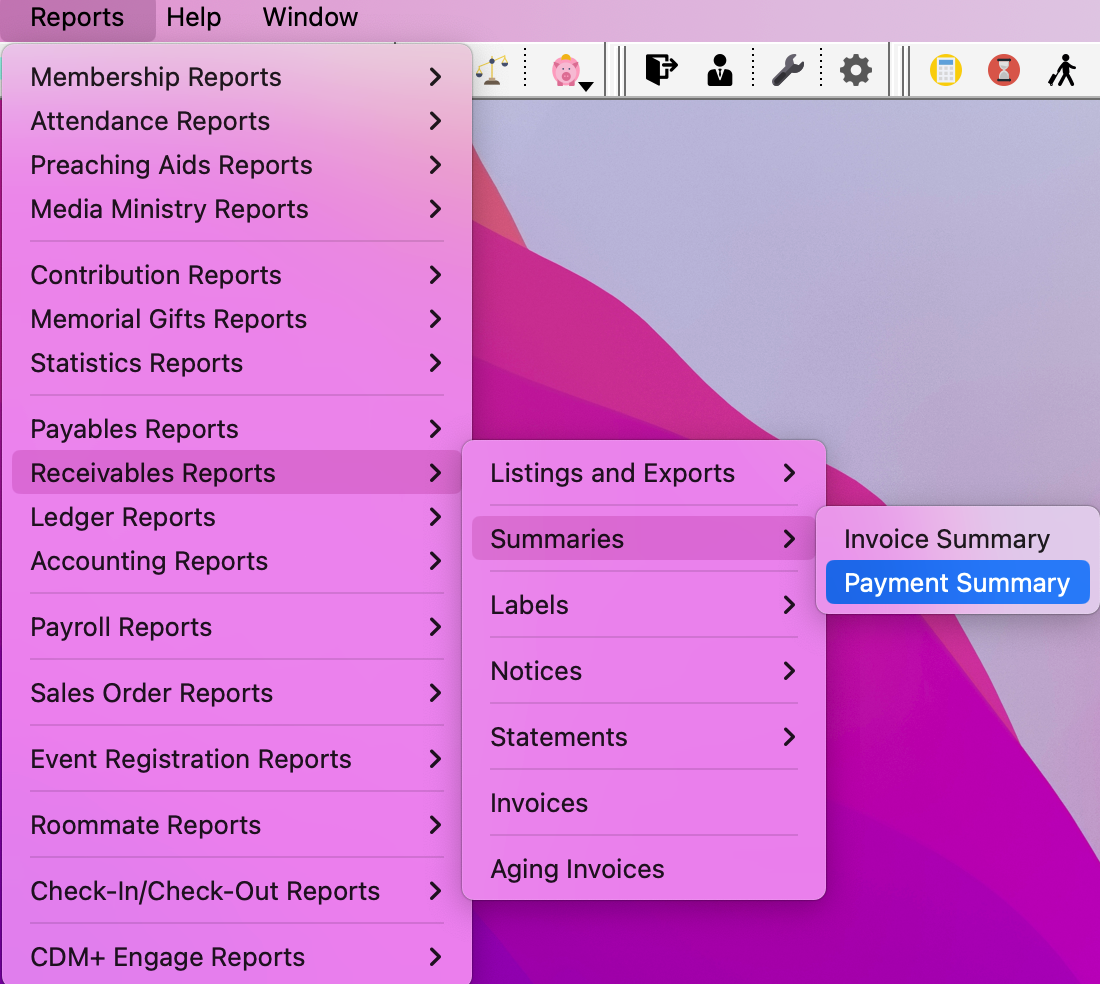 Navigation pathway to the Payment Summary report