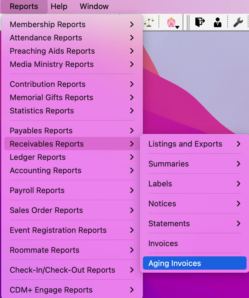 Navigation path to Aging Invoices report.