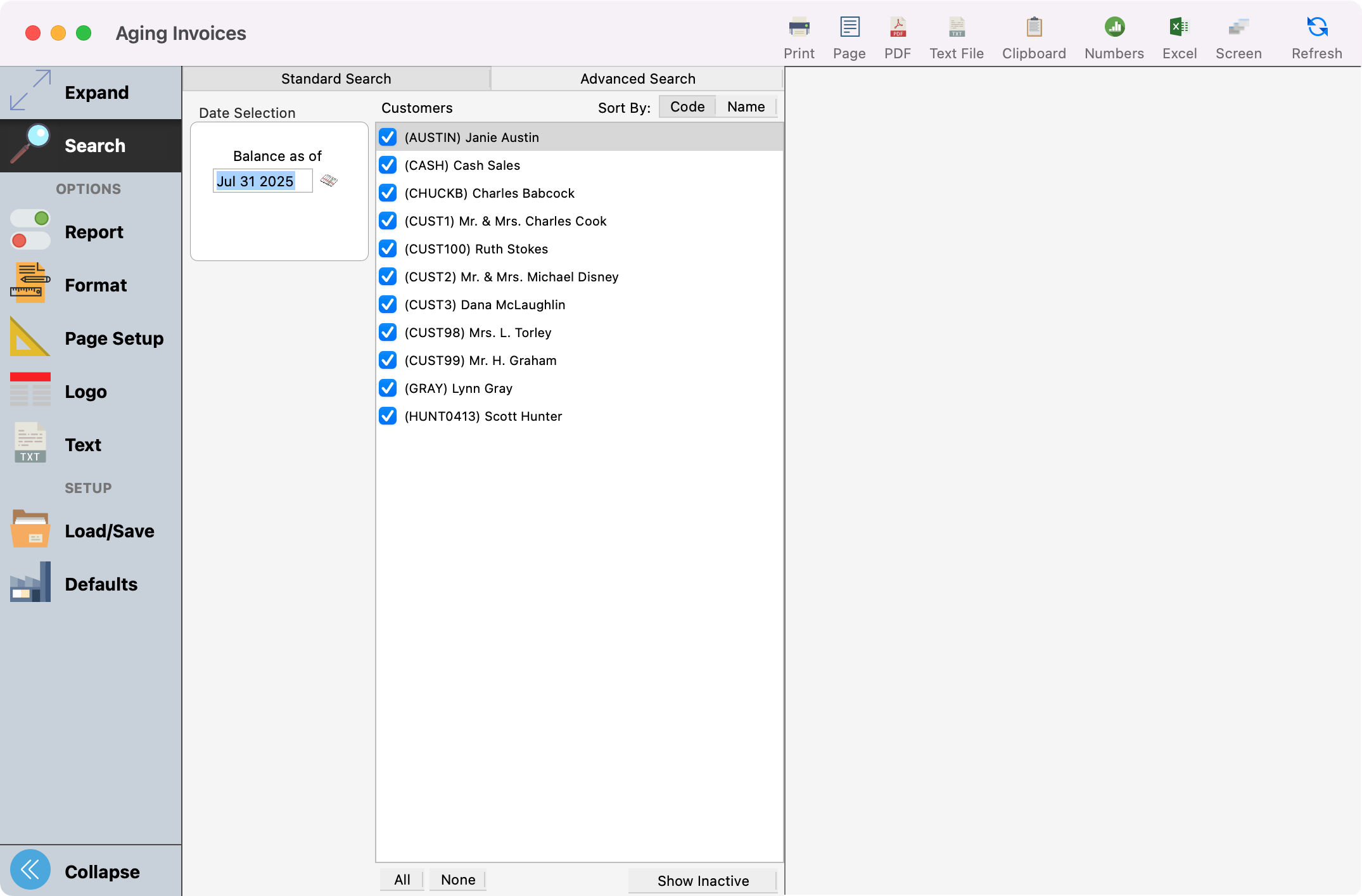 Aging Invoices report window.