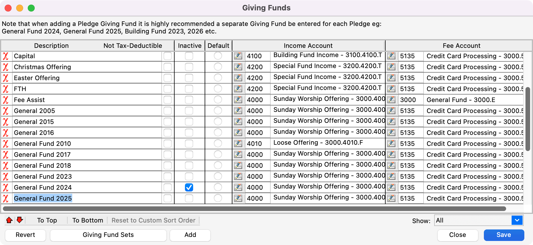 Giving Funds window with the fund, General Fund 2025 highlighted.