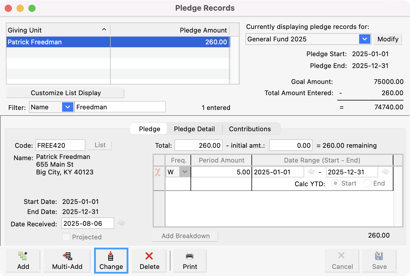 Pledge Records window with the change button highlighted.